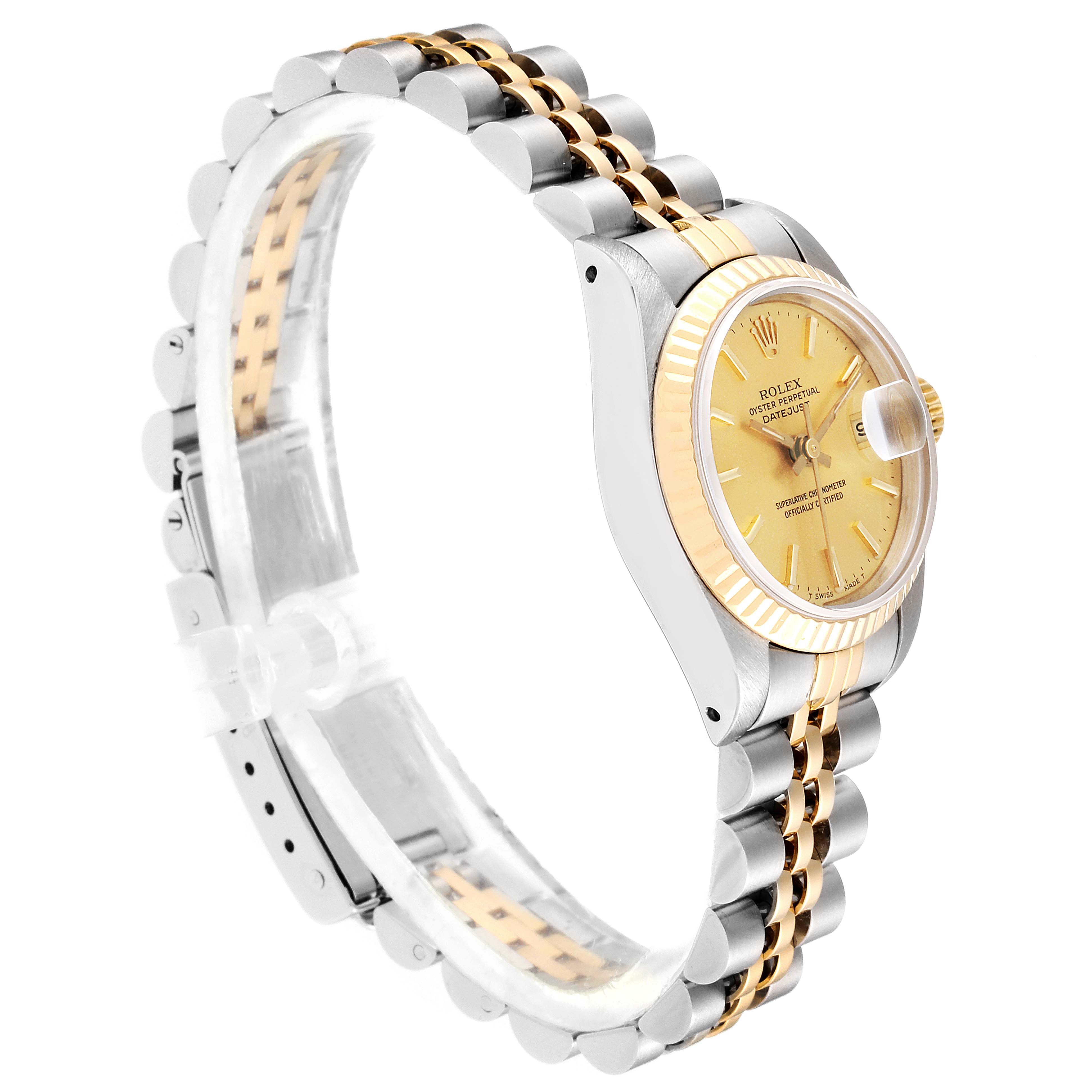 This image shows a Rolex Datejust 69173 Women's Steel and Gold (two tone) Champagne Dial 69173 Women's Steel and Gold (two tone) Champagne Dial watch at a three-quarter angle, highlighting the dial, fluted bezel, and two-tone bracelet.