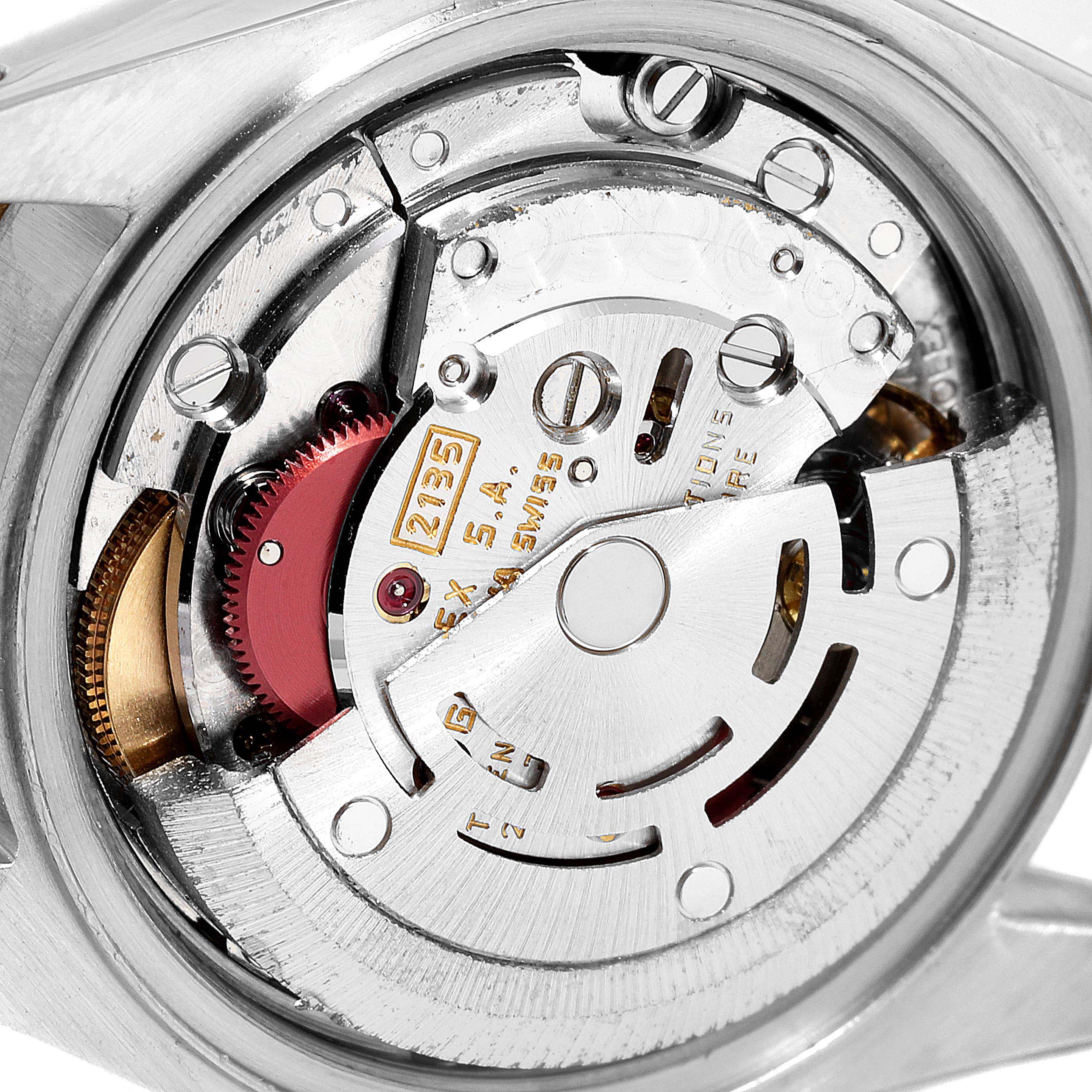 This image shows an angled close-up of the movement mechanism of a Rolex Datejust 69173 Women's Steel and Gold (two tone) Champagne Dial 69173 Women's Steel and Gold (two tone) Champagne Dial watch.