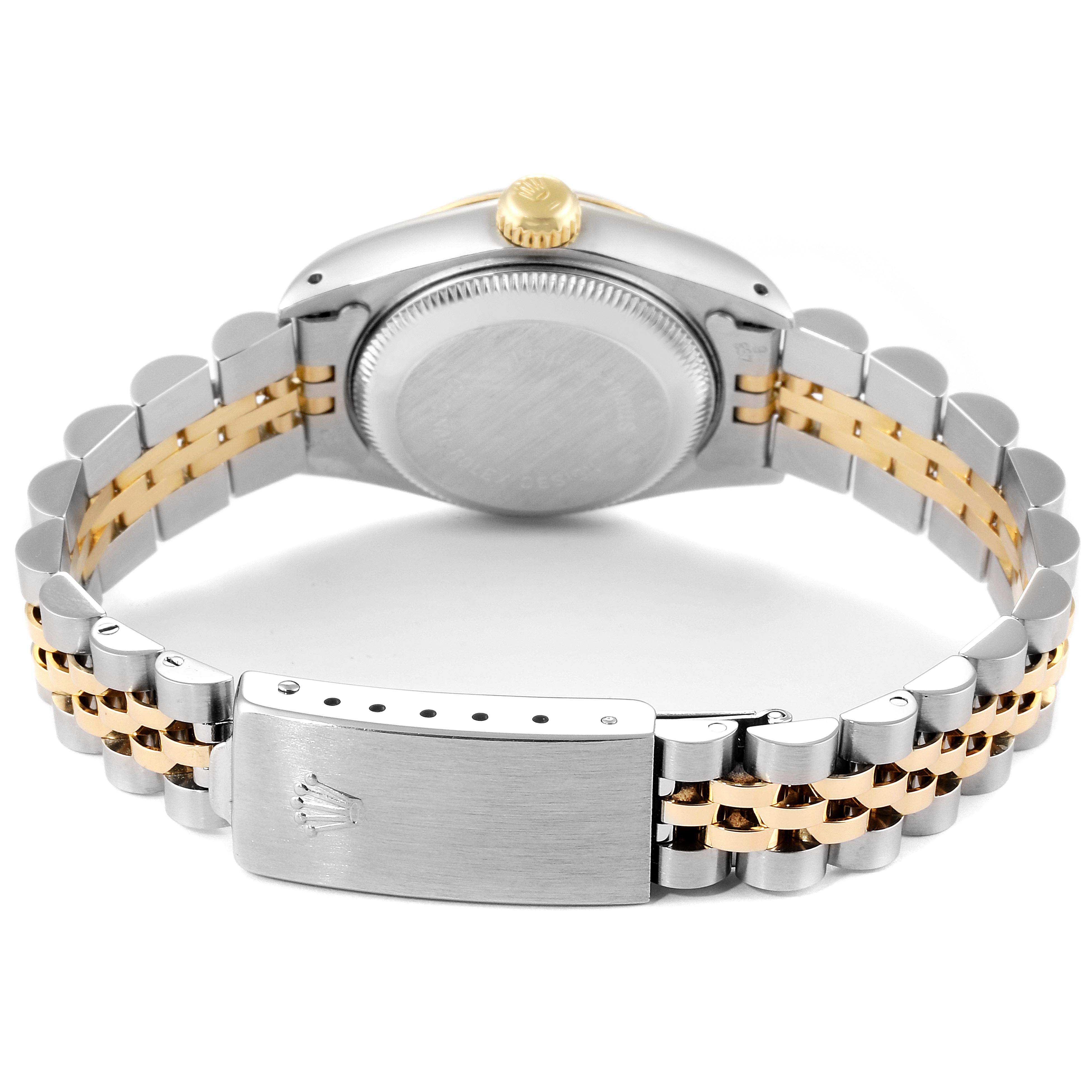 This image shows the back view of the Rolex Datejust 69173 Women's Steel and Gold (two tone) Champagne Dial 69173 Women's Steel and Gold (two tone) Champagne Dial watch, focusing on the case back and bracelet.