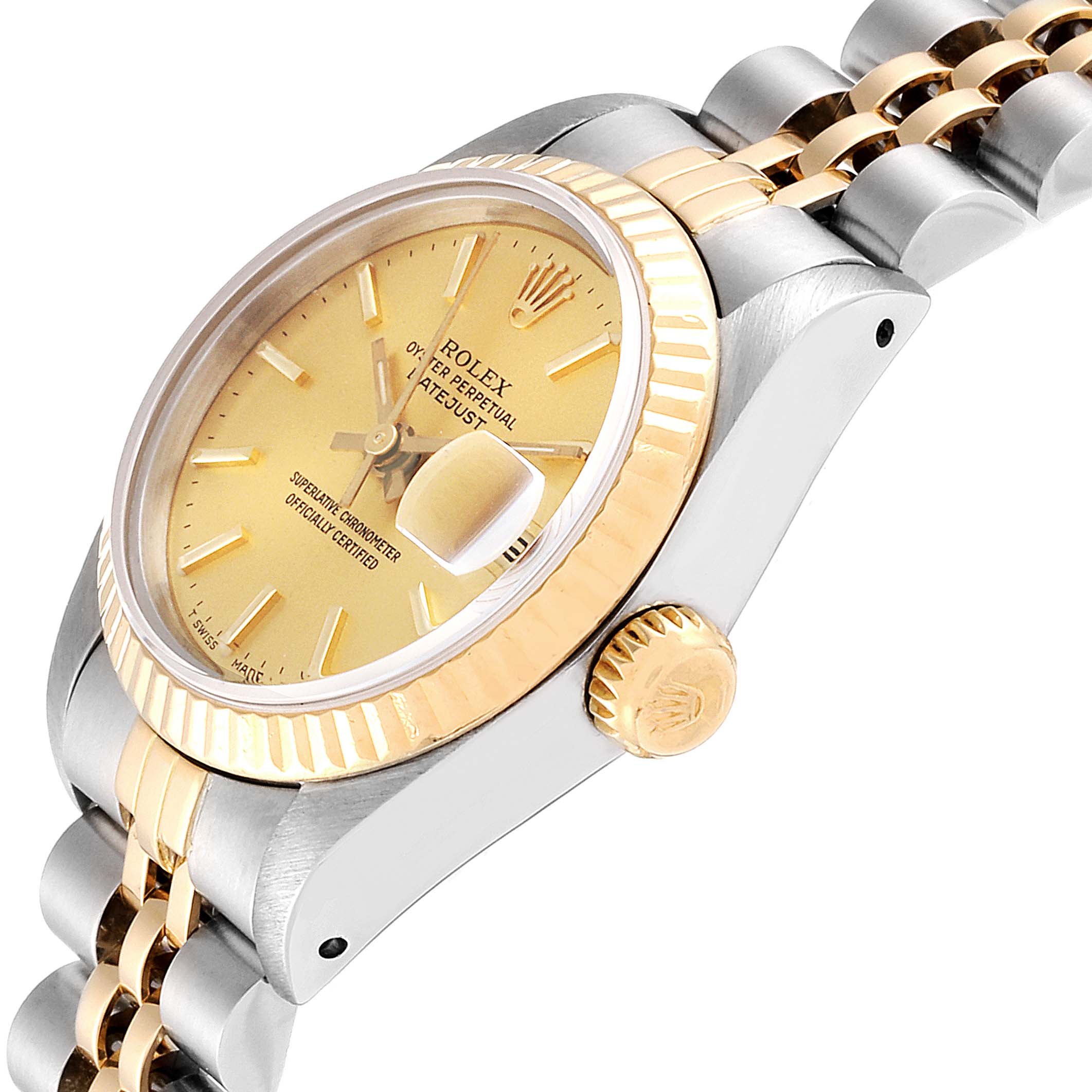 This image shows a side view of the Rolex Datejust 69173 Women's Steel and Gold (two tone) Champagne Dial 69173 Women's Steel and Gold (two tone) Champagne Dial watch, highlighting the crown, bezel, dial, and part of the bracelet.
