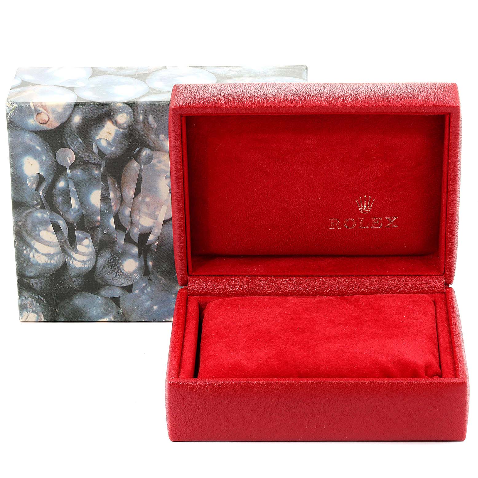 This image shows a red velvet Rolex watch box and its outer packaging, designed for the Datejust model.