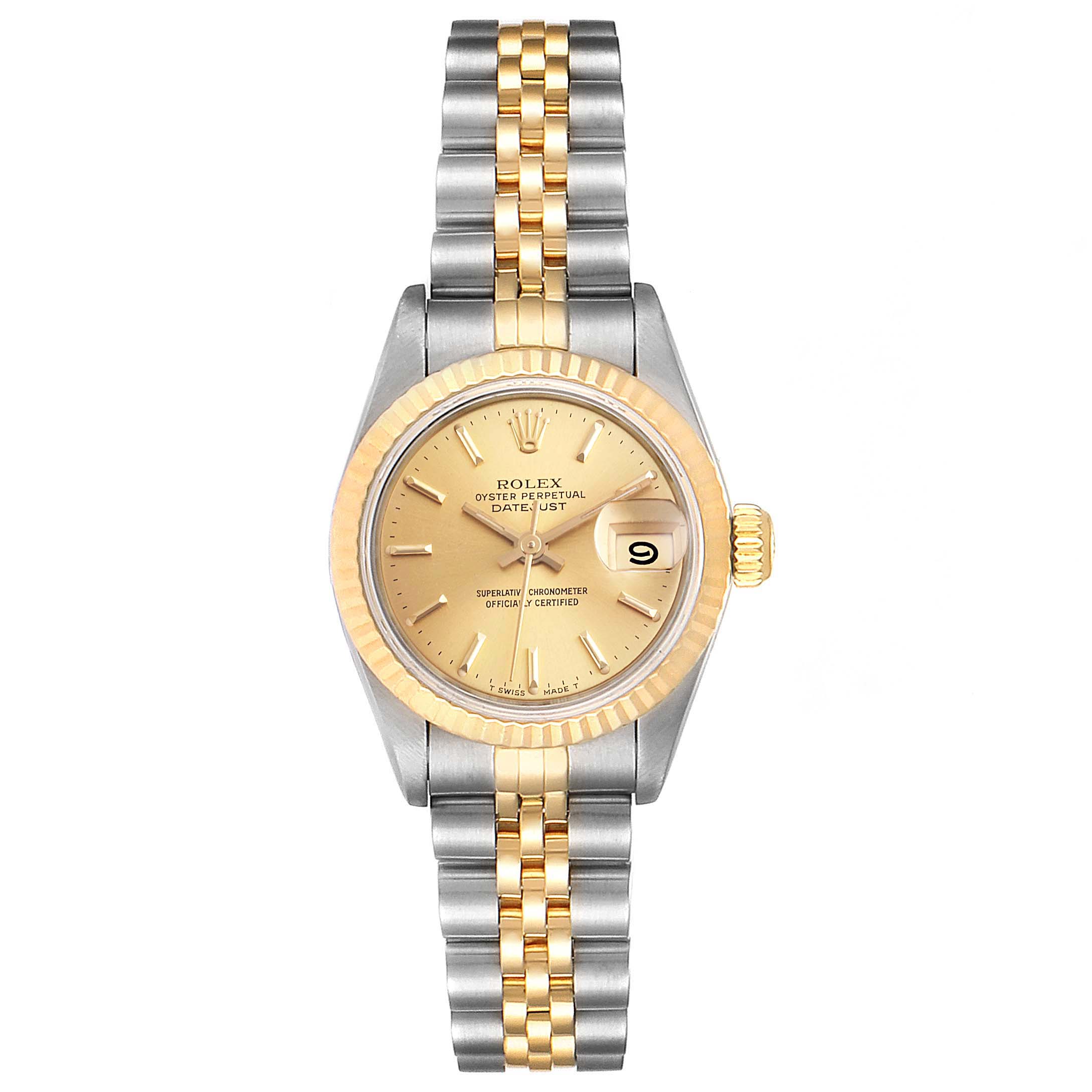 This Rolex Datejust 69173 Women's Steel and Gold (two tone) Champagne Dial 69173 Women's Steel and Gold (two tone) Champagne Dial watch is shown from the front, displaying its two-tone bracelet, gold bezel, and date window.