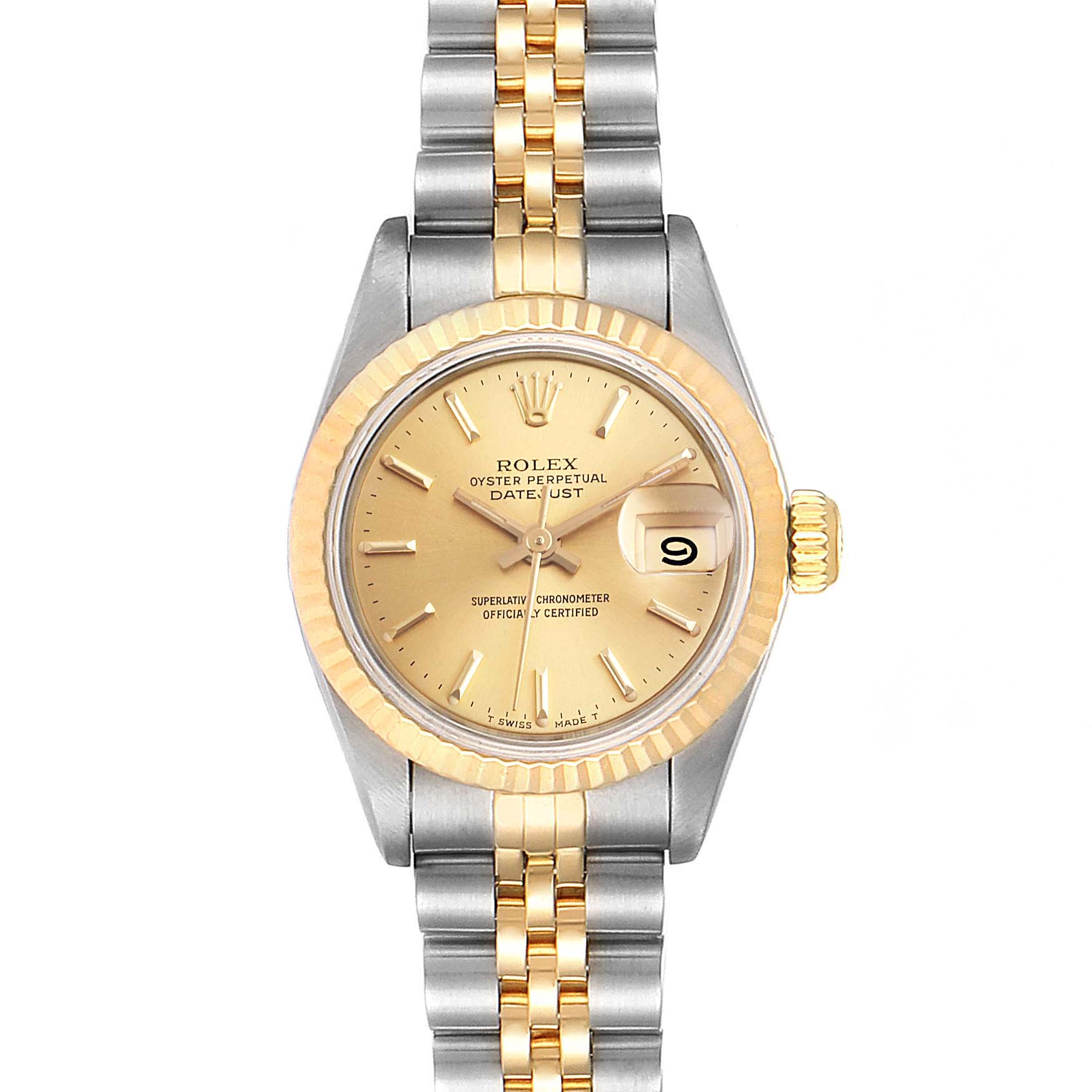 The Rolex Datejust 69173 Women's Steel and Gold (two tone) Champagne Dial 69173 Women's Steel and Gold (two tone) Champagne Dial watch is shown from a top-down angle, displaying the face, bezel, and bracelet.