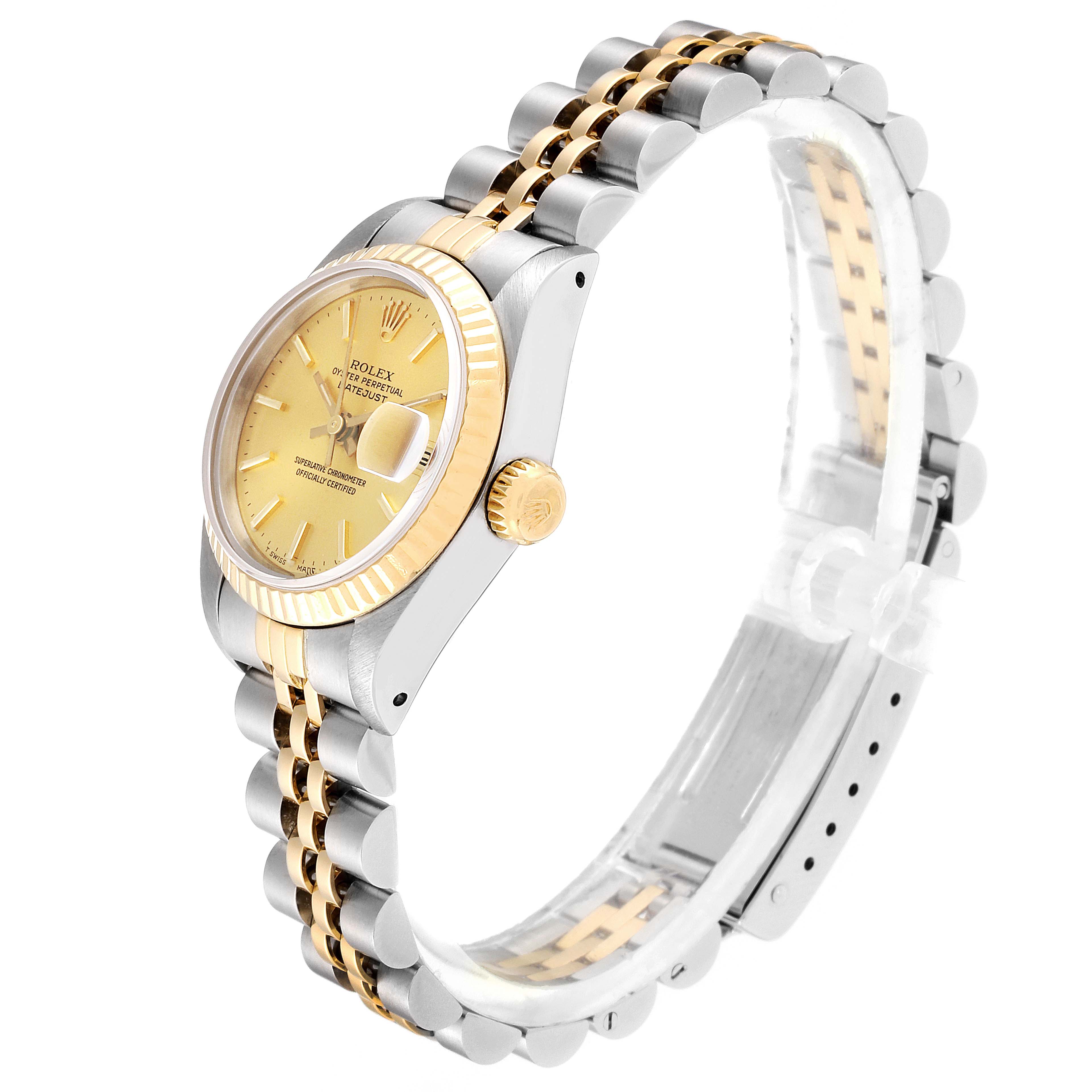 The image shows the side view of a Rolex Datejust 69173 Women's Steel and Gold (two tone) Champagne Dial 69173 Women's Steel and Gold (two tone) Champagne Dial model, highlighting the bracelet, bezel, crown, and face.