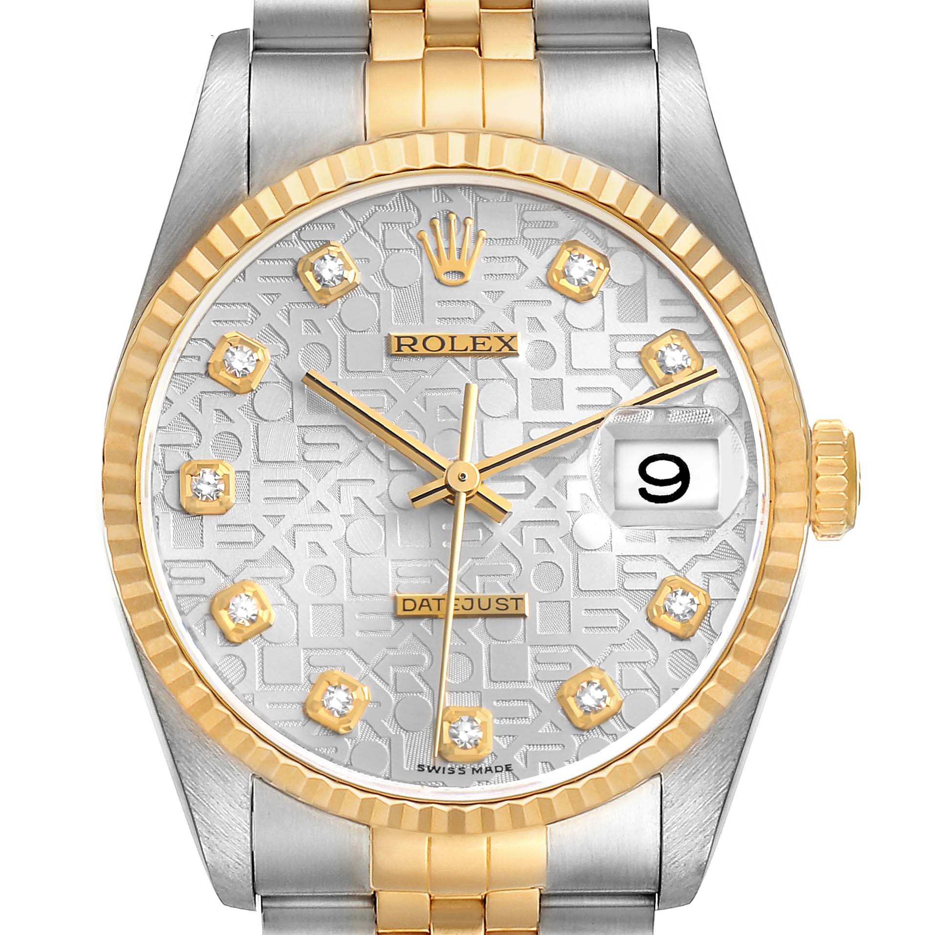 The Rolex Datejust 16233 Men's Steel and Gold (two tone) Silver Dial watch is shown from a front angle, highlighting its silver and gold bezel, patterned dial, and Jubilee bracelet.