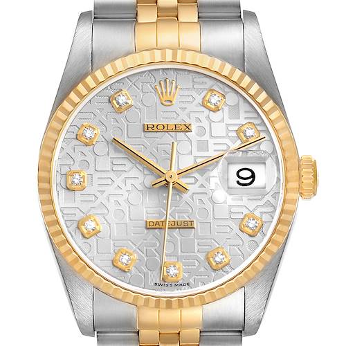 The Rolex Datejust 16233 Men's Steel and Gold (two tone) Silver Dial is shown from a front angle, highlighting the bezel, dial, date window, and part of the bracelet.