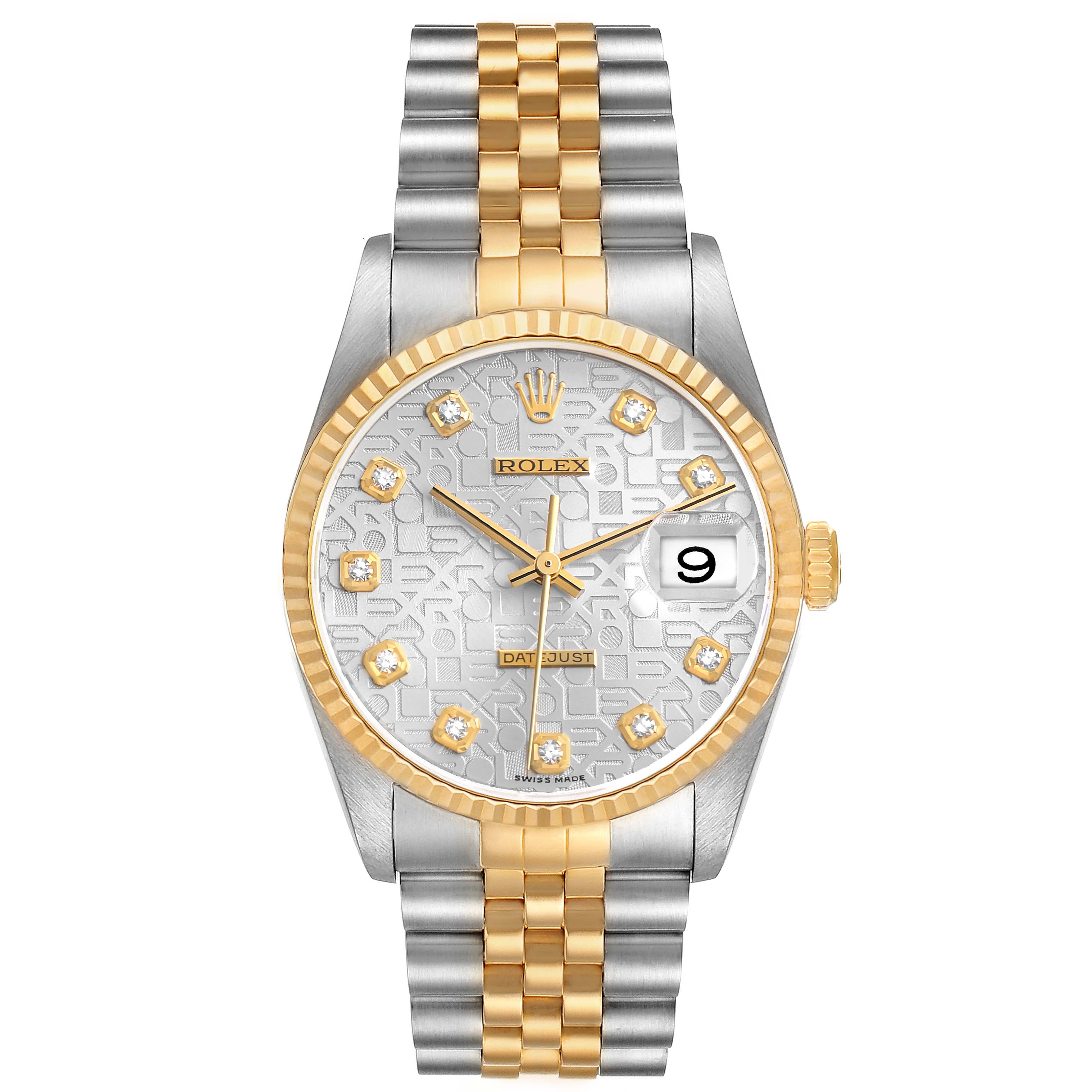 The Rolex Datejust 16233 Men's Steel and Gold (two tone) Silver Dial watch is shown from the front, displaying the face, bezel, crown, and bracelet.