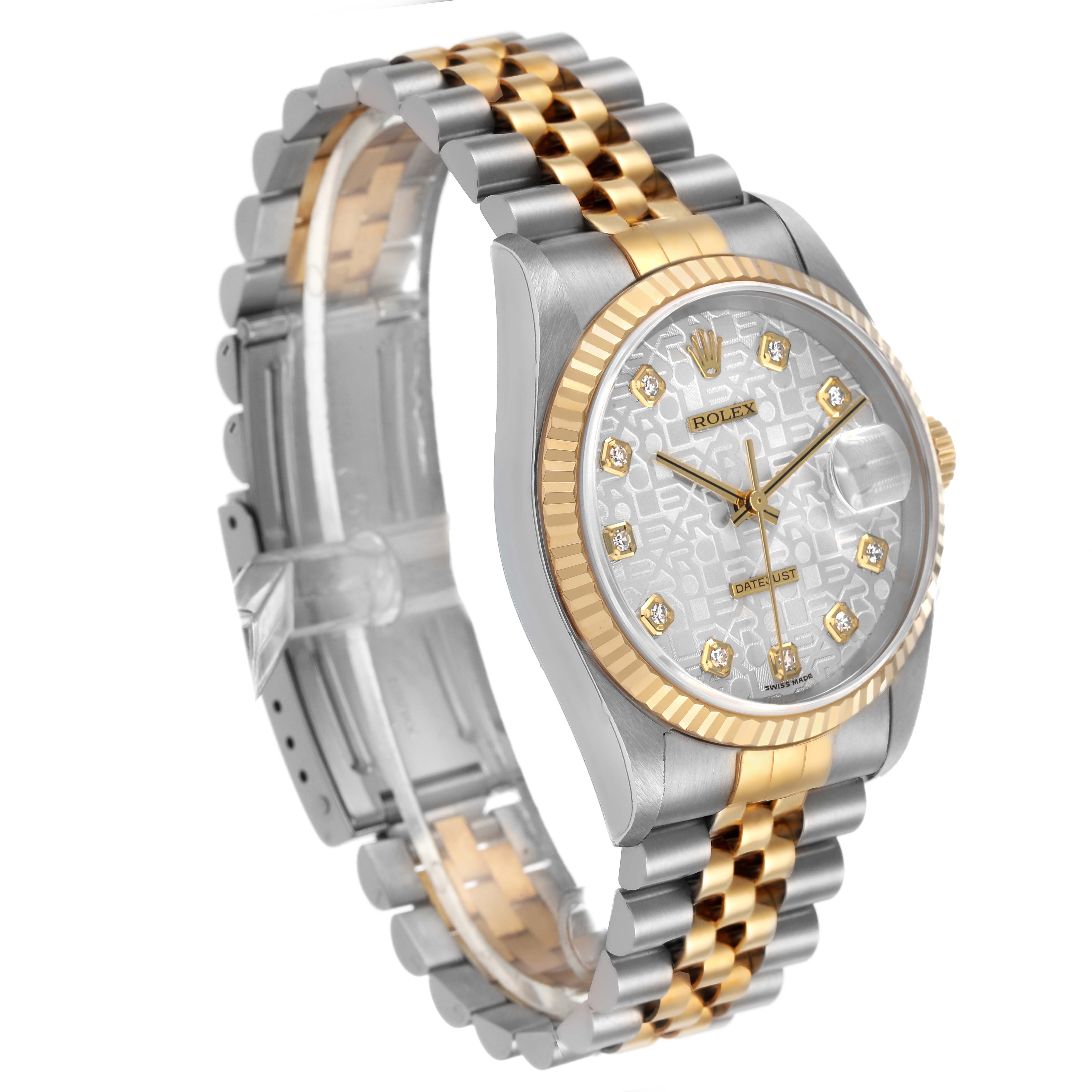 The Rolex Datejust 16233 Men's Steel and Gold (two tone) Silver Dial watch is shown at an angled side view, displaying the dial, bezel, case, and Jubilee bracelet.