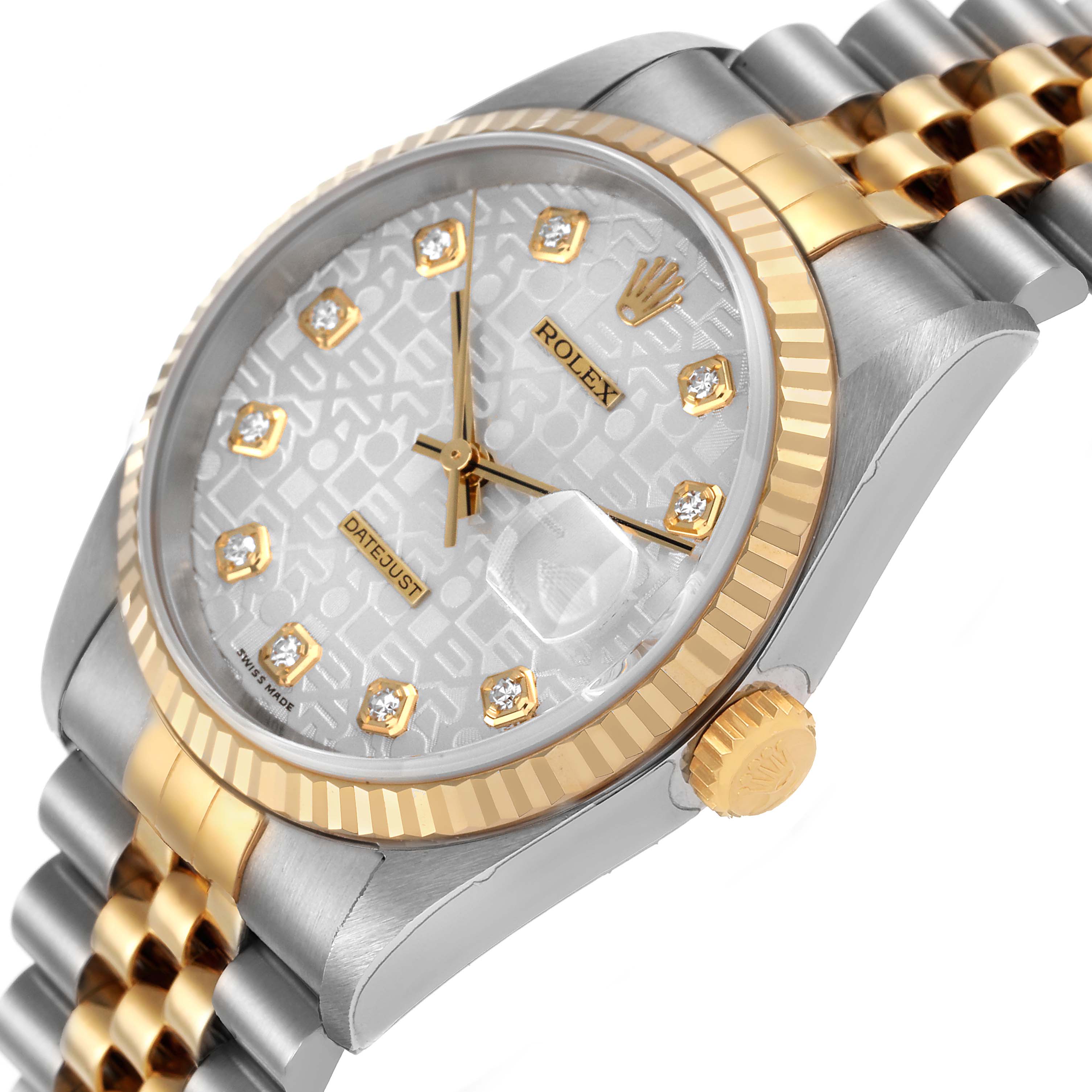 The Rolex Datejust 16233 Men's Steel and Gold (two tone) Silver Dial watch is shown at an angle highlighting the face, bezel, crown, and part of the bracelet.