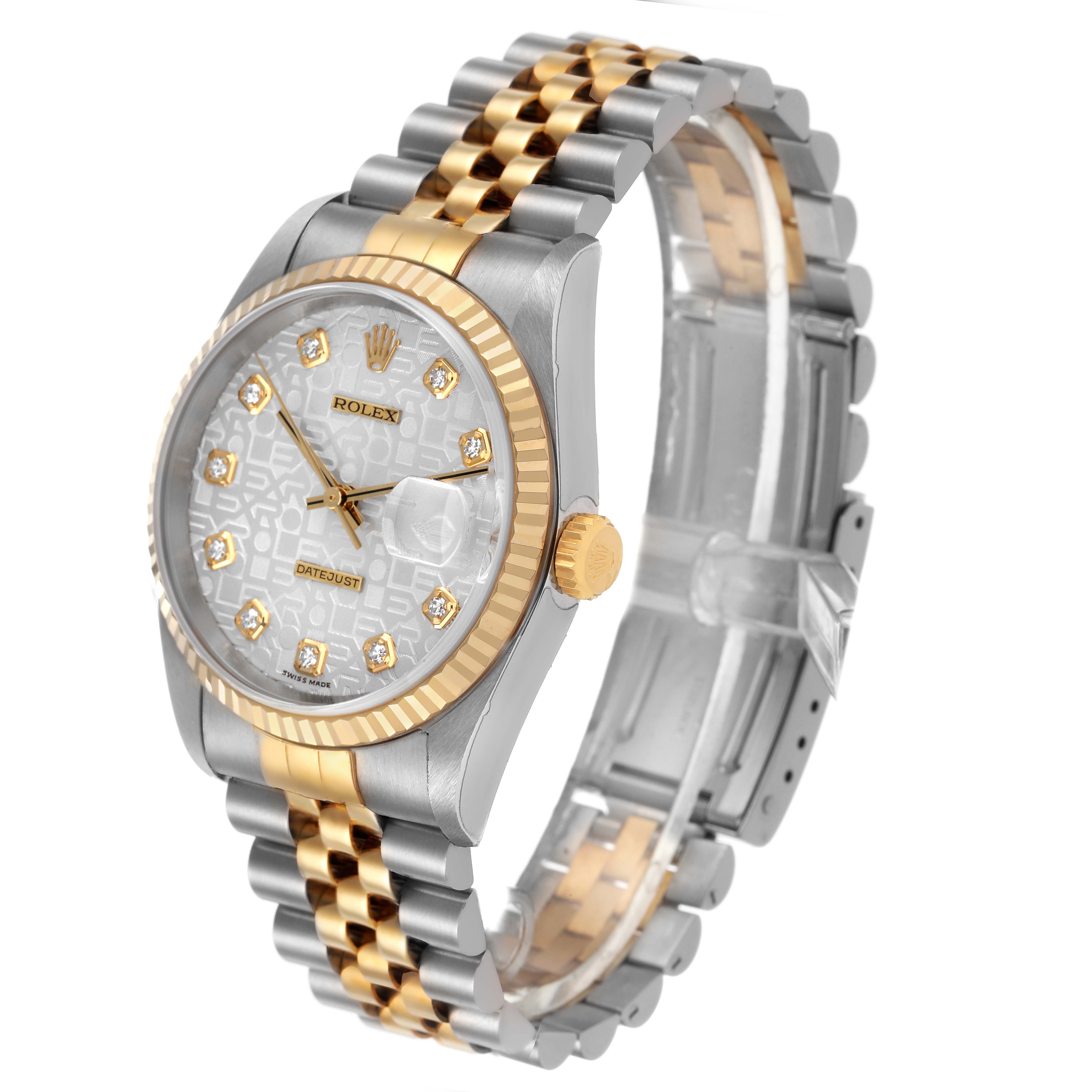 The Rolex Datejust 16233 Men's Steel and Gold (two tone) Silver Dial watch is shown at a three-quarter angle, displaying its dial, bezel, and Jubilee bracelet.