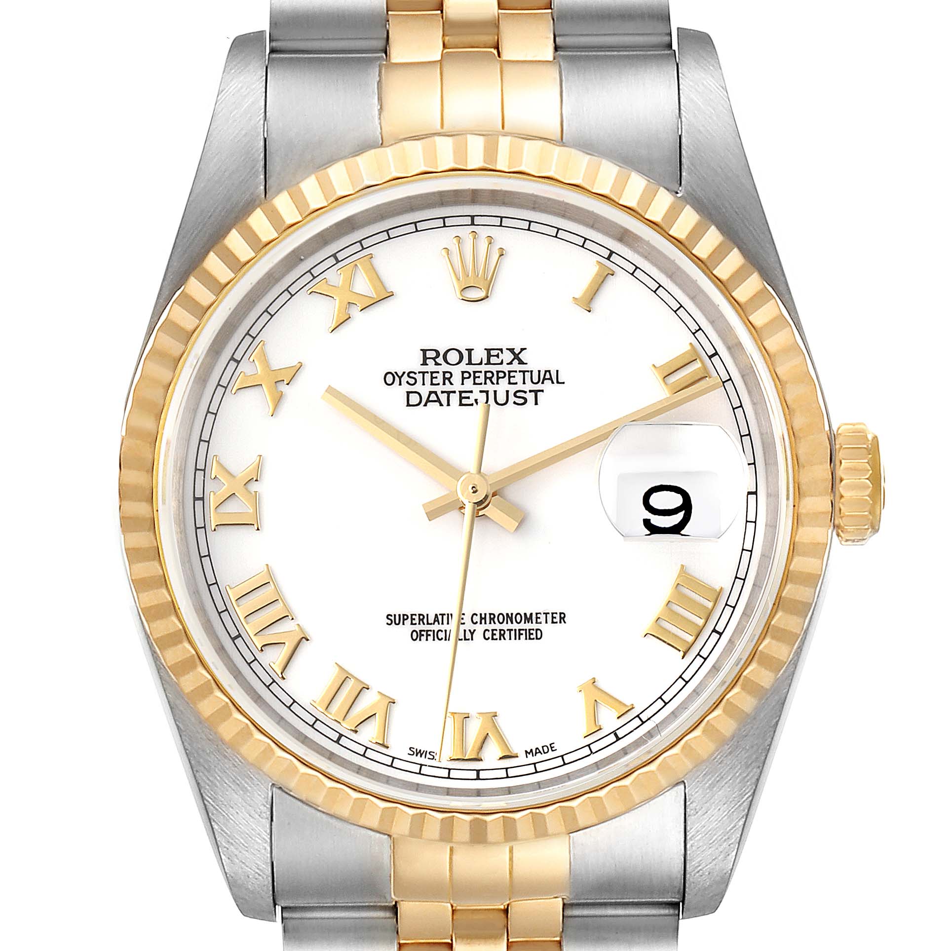 The image displays a front view of the Rolex Datejust 16233 Men's Steel and Gold (two tone) White Dial 16233 Men's Steel and Gold (two tone) White Dial watch, showcasing the dial, bezel, crown, and part of the bracelet.