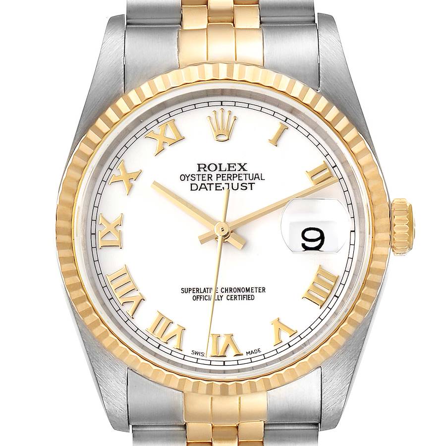 Rolex Datejust Steel Yellow Gold White Roman Dial Mens Watch 16233 Box Papers SwissWatchExpo