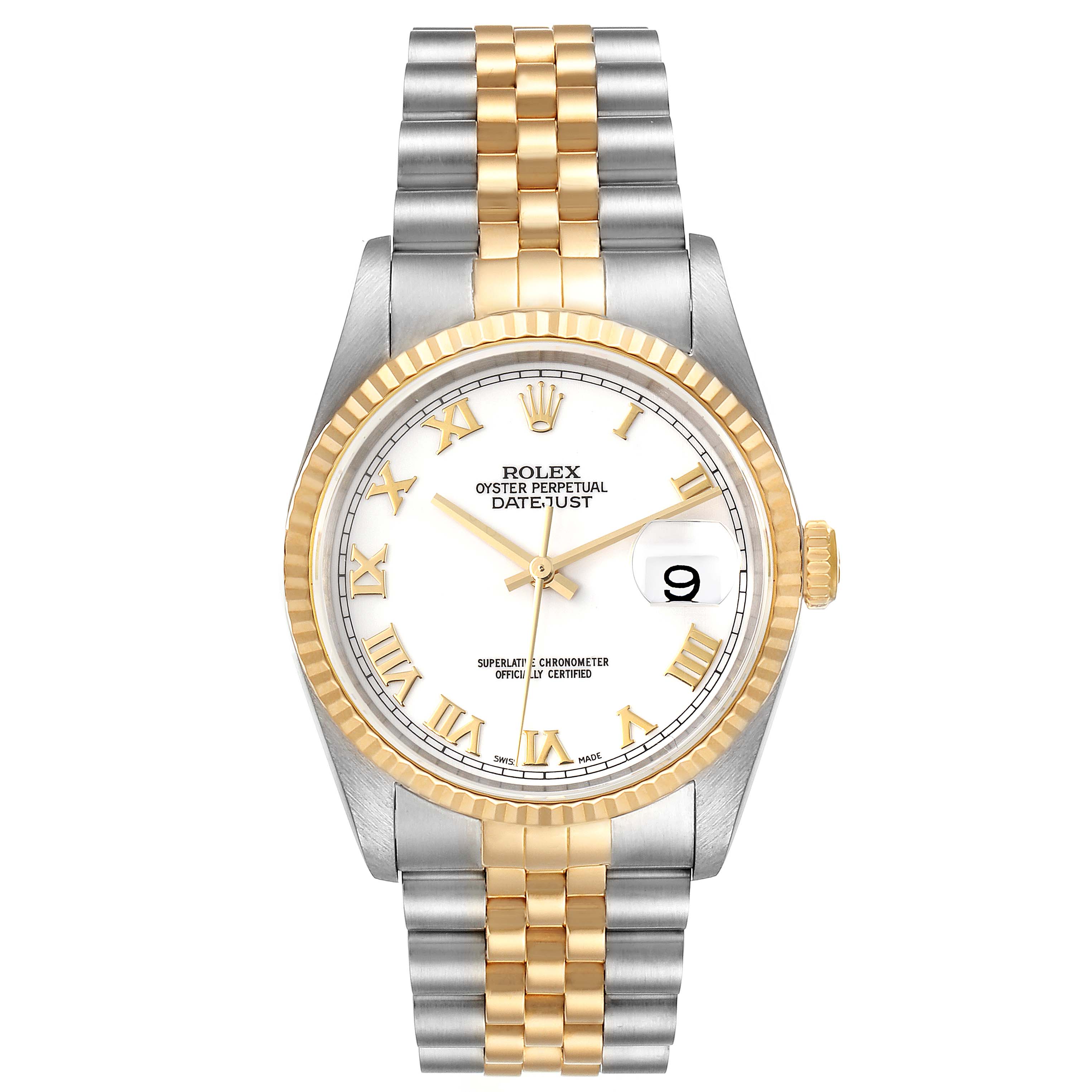 The image shows a front view of the Rolex Datejust 16233 Men's Steel and Gold (two tone) White Dial 16233 Men's Steel and Gold (two tone) White Dial watch, highlighting its face, bezel, crown, and two-tone bracelet.