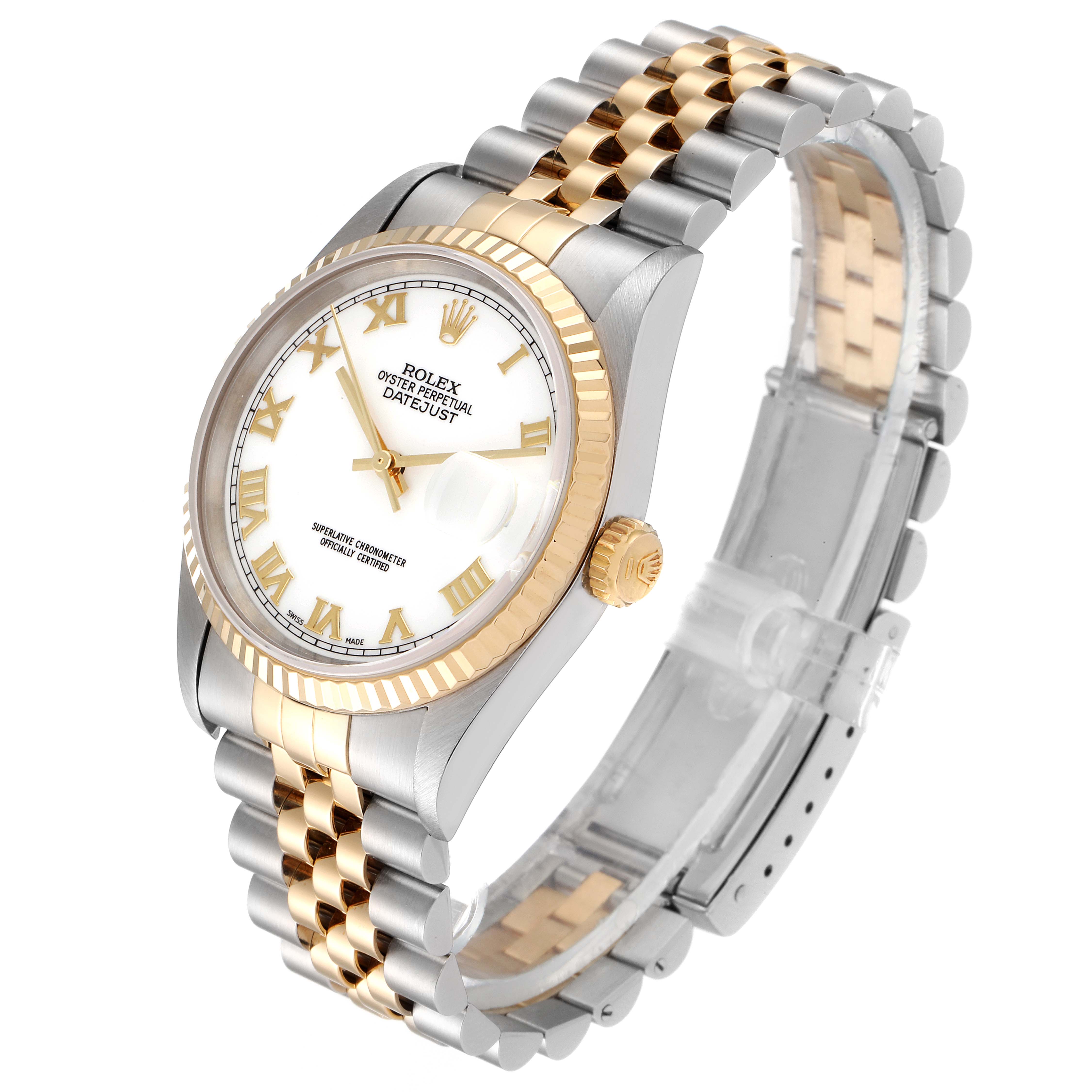 This image shows a Rolex Datejust 16233 Men's Steel and Gold (two tone) White Dial 16233 Men's Steel and Gold (two tone) White Dial watch at a three-quarter angle, highlighting the dial, bezel, crown, and two-tone Jubilee bracelet.