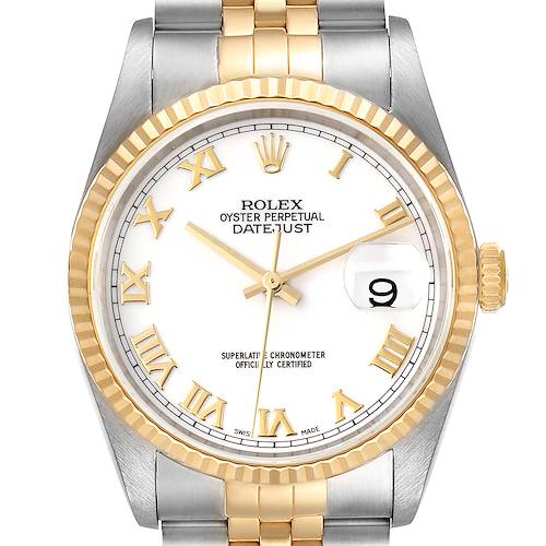 The image shows a front view of a Rolex Datejust watch focusing on its dial, bezel, crown, and bracelet.