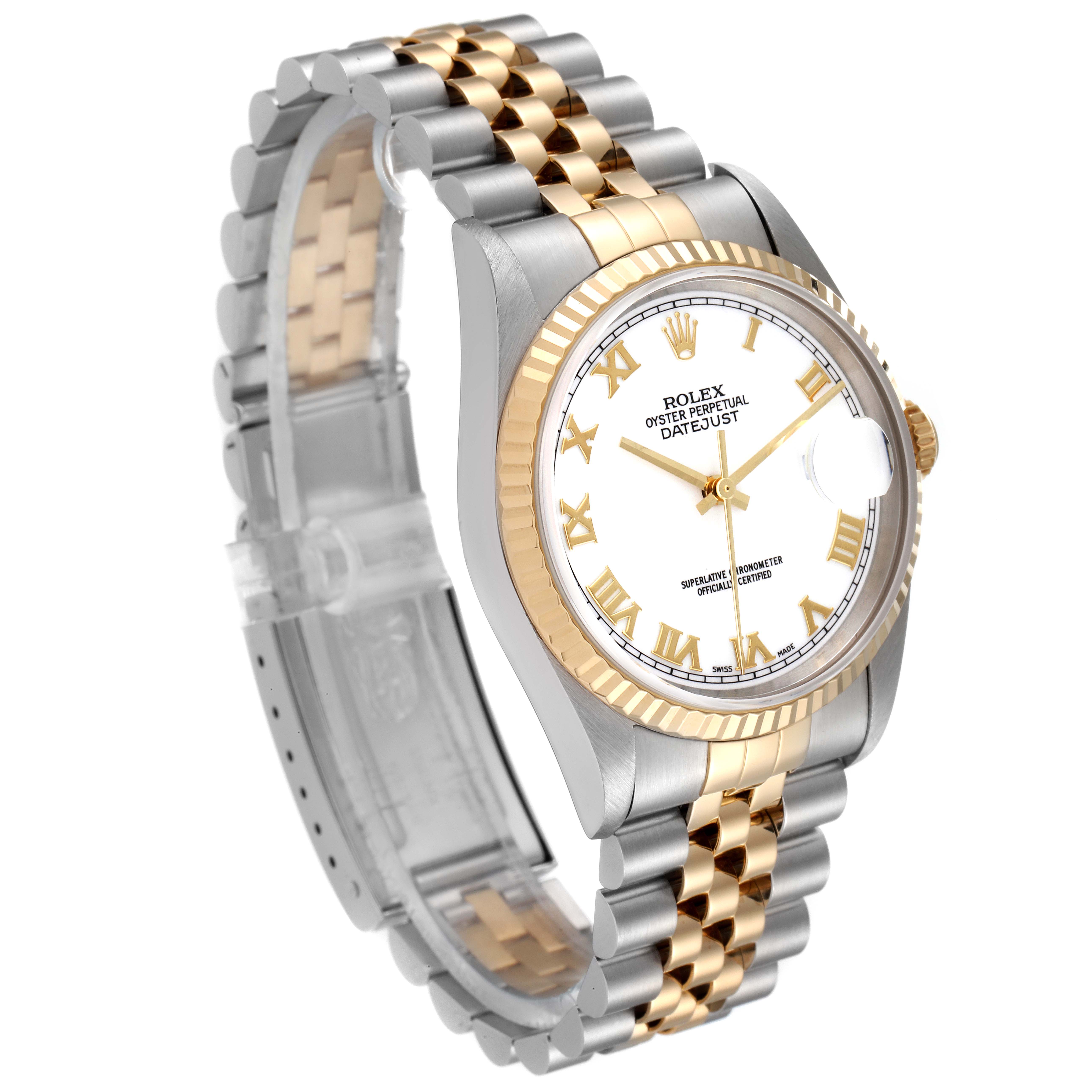 The image shows a Rolex Datejust 16233 Men's Steel and Gold (two tone) White Dial 16233 Men's Steel and Gold (two tone) White Dial watch at a slightly angled view, highlighting its bezel, dial, and two-tone jubilee bracelet.