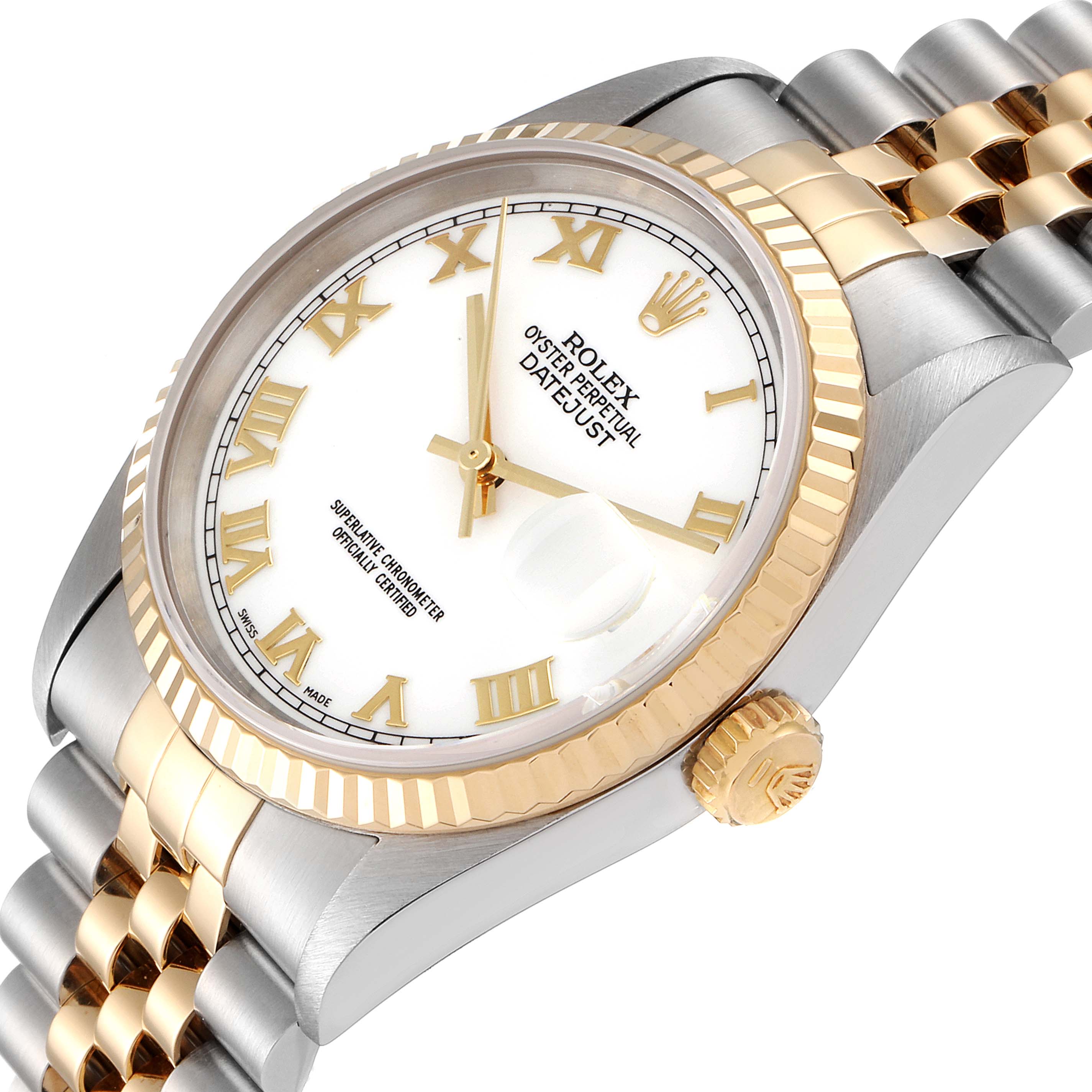 The image shows a close-up angle of a Rolex Datejust 16233 Men's Steel and Gold (two tone) White Dial 16233 Men's Steel and Gold (two tone) White Dial watch, focusing on the dial, bezel, and part of the bracelet.
