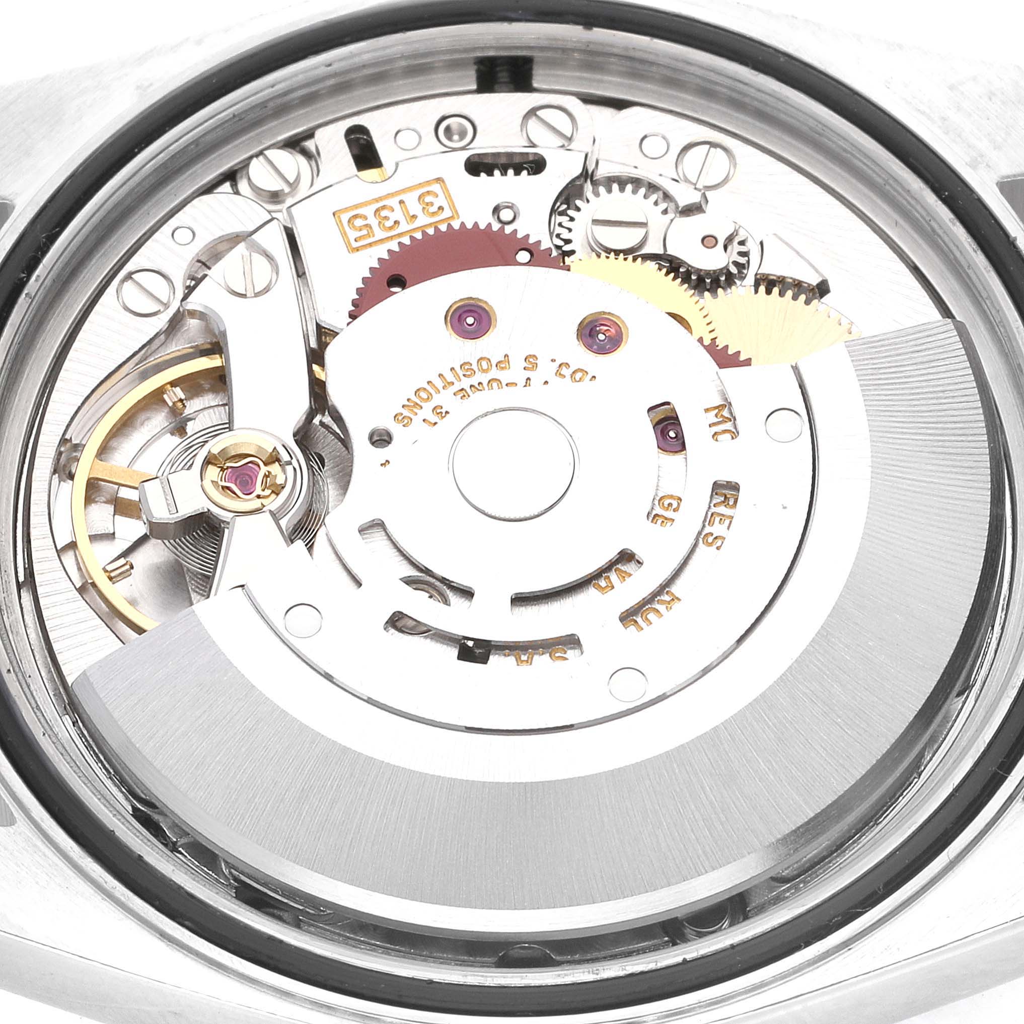 The image shows the internal movement mechanism of a Rolex Datejust 16233 Men's Steel and Gold (two tone) White Dial 16233 Men's Steel and Gold (two tone) White Dial watch from a top-down angle.