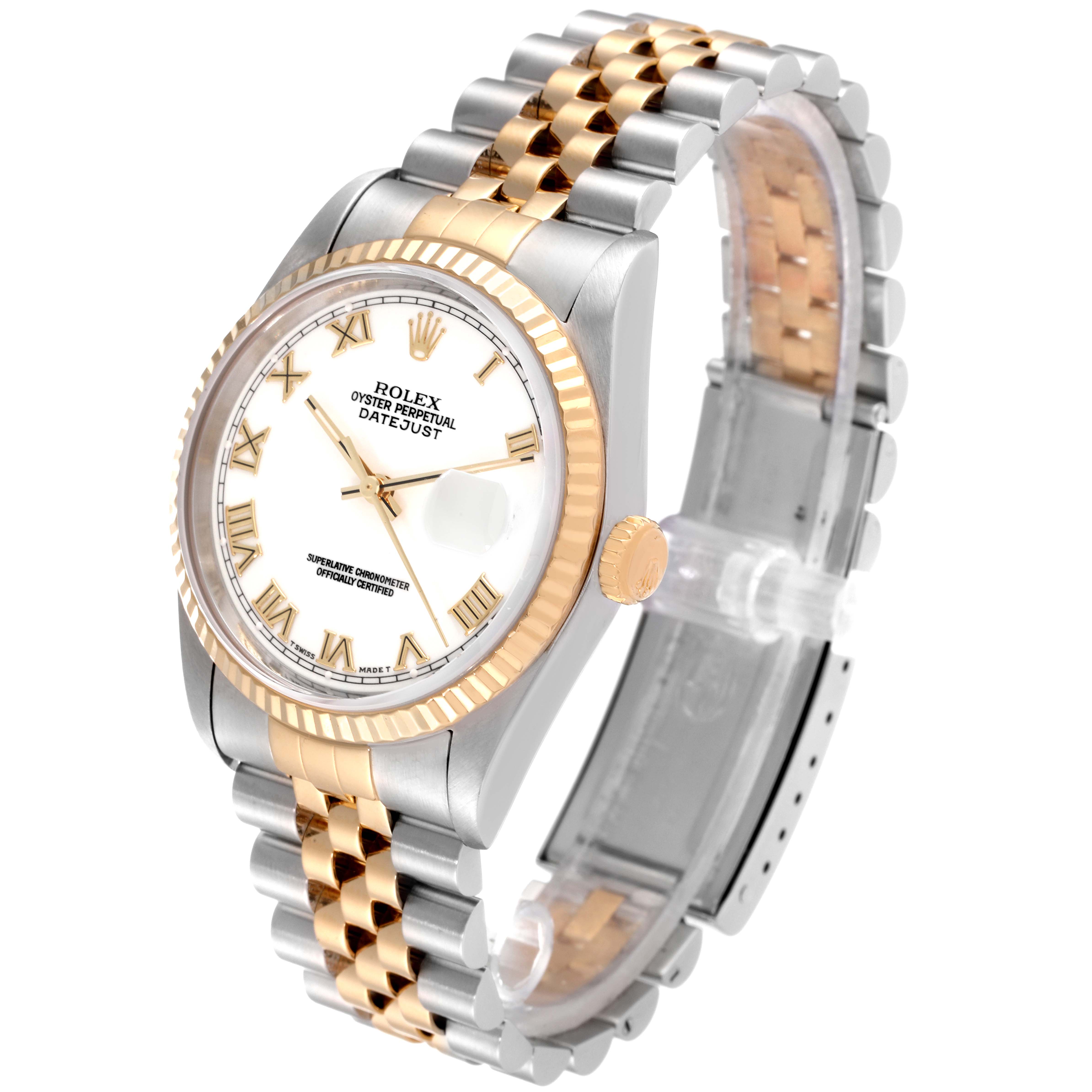 The image shows a Rolex Datejust 16233 Men's Steel and Gold (two tone) White Dial 16233 Men's Steel and Gold (two tone) White Dial model watch from a side angle, highlighting its two-tone bracelet, fluted bezel, and white dial with Roman numerals.