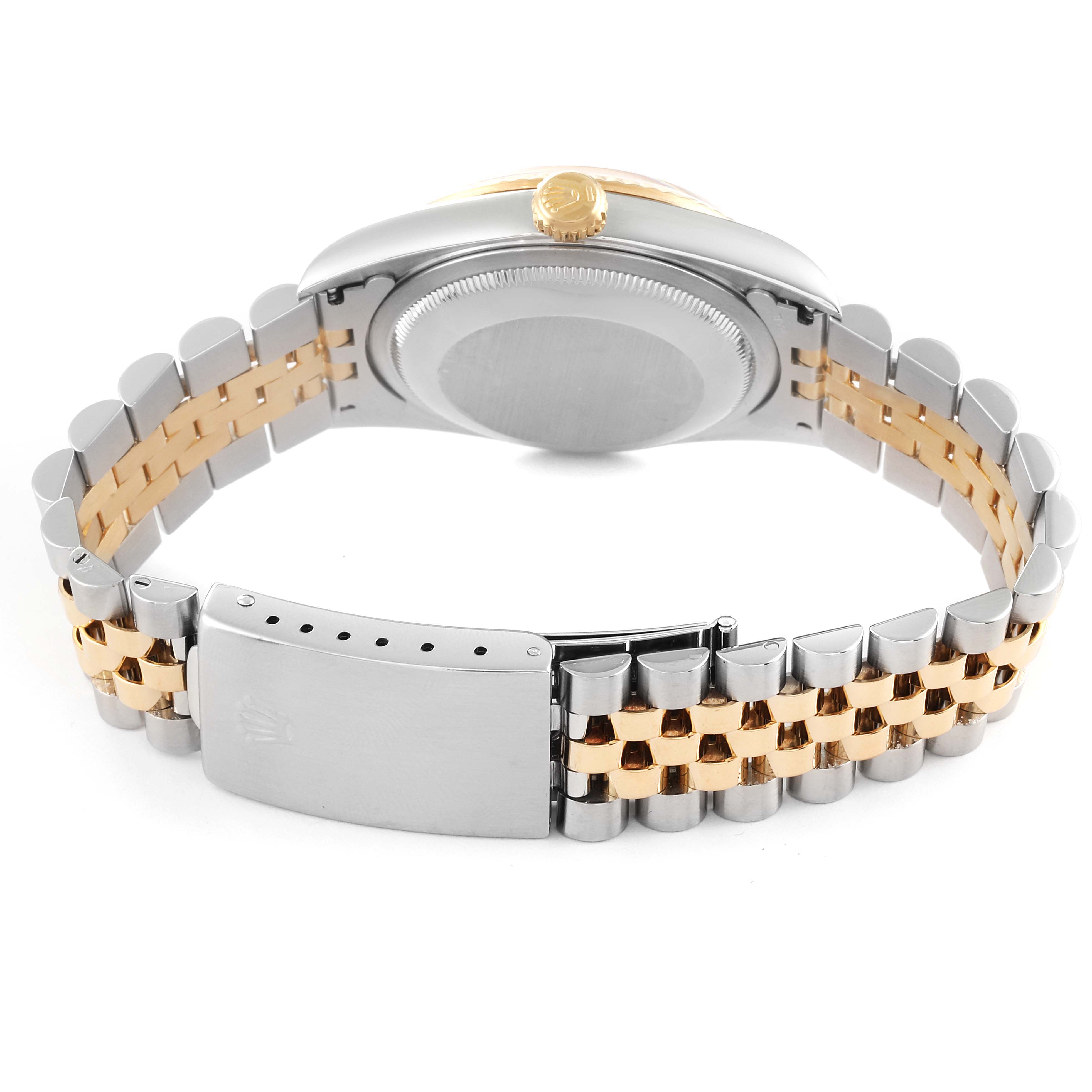 This image shows the back view of a Rolex Datejust 16233 Men's Steel and Gold (two tone) White Dial 16233 Men's Steel and Gold (two tone) White Dial watch, highlighting its two-tone bracelet and clasp.
