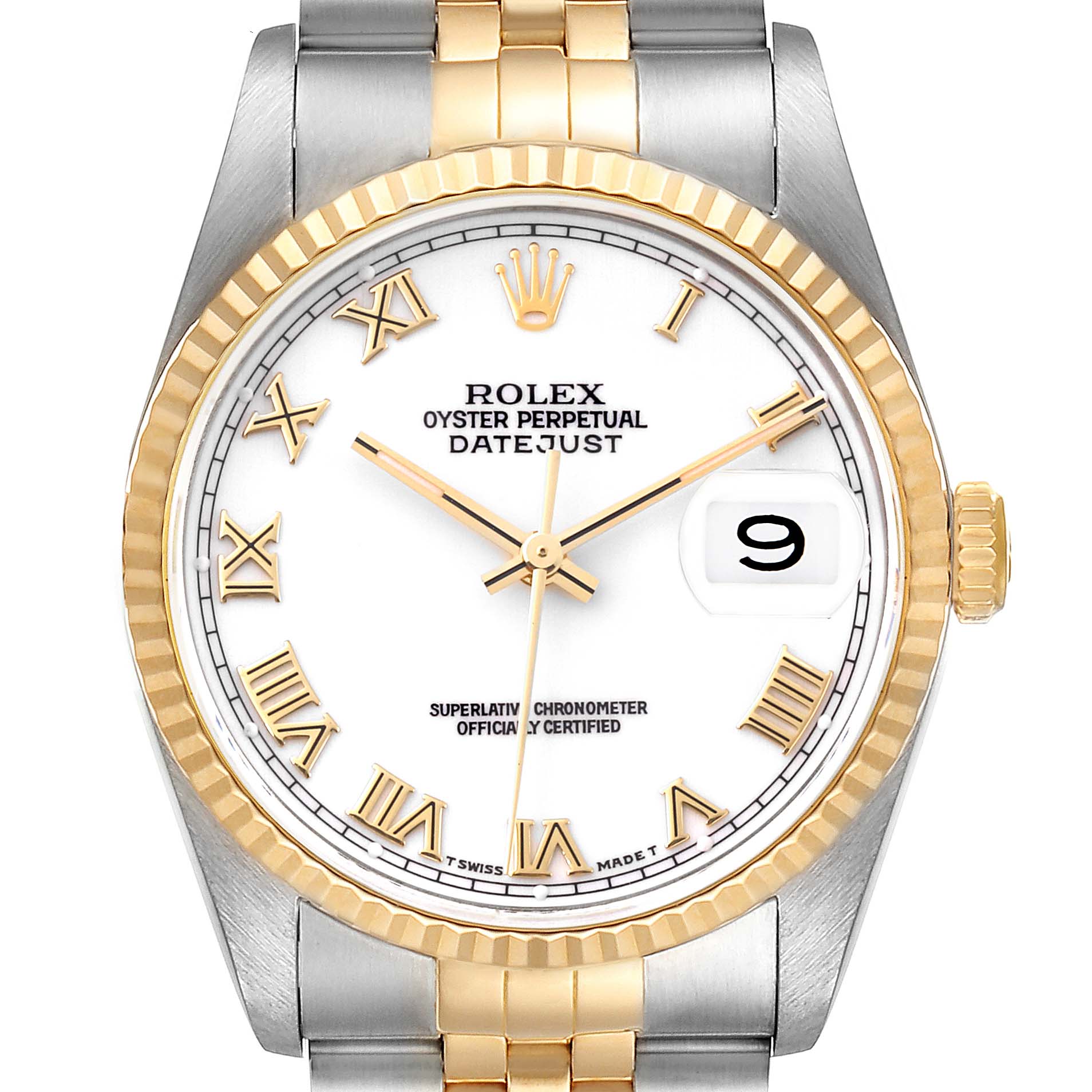 This image shows the front view of a Rolex Datejust 16233 Men's Steel and Gold (two tone) White Dial 16233 Men's Steel and Gold (two tone) White Dial watch, highlighting the dial, hands, bezels, date, and part of the bracelet.