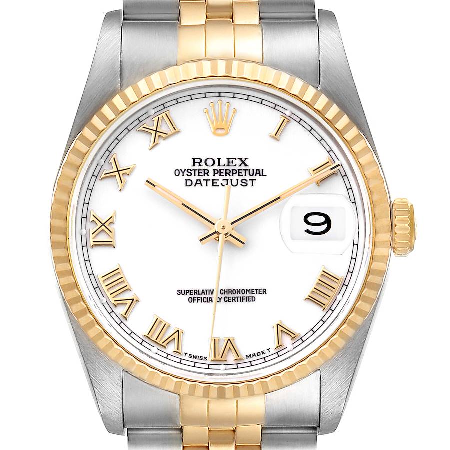 This image shows the front view of a Rolex Datejust watch, highlighting the dial, hands, bezels, date, and part of the bracelet.