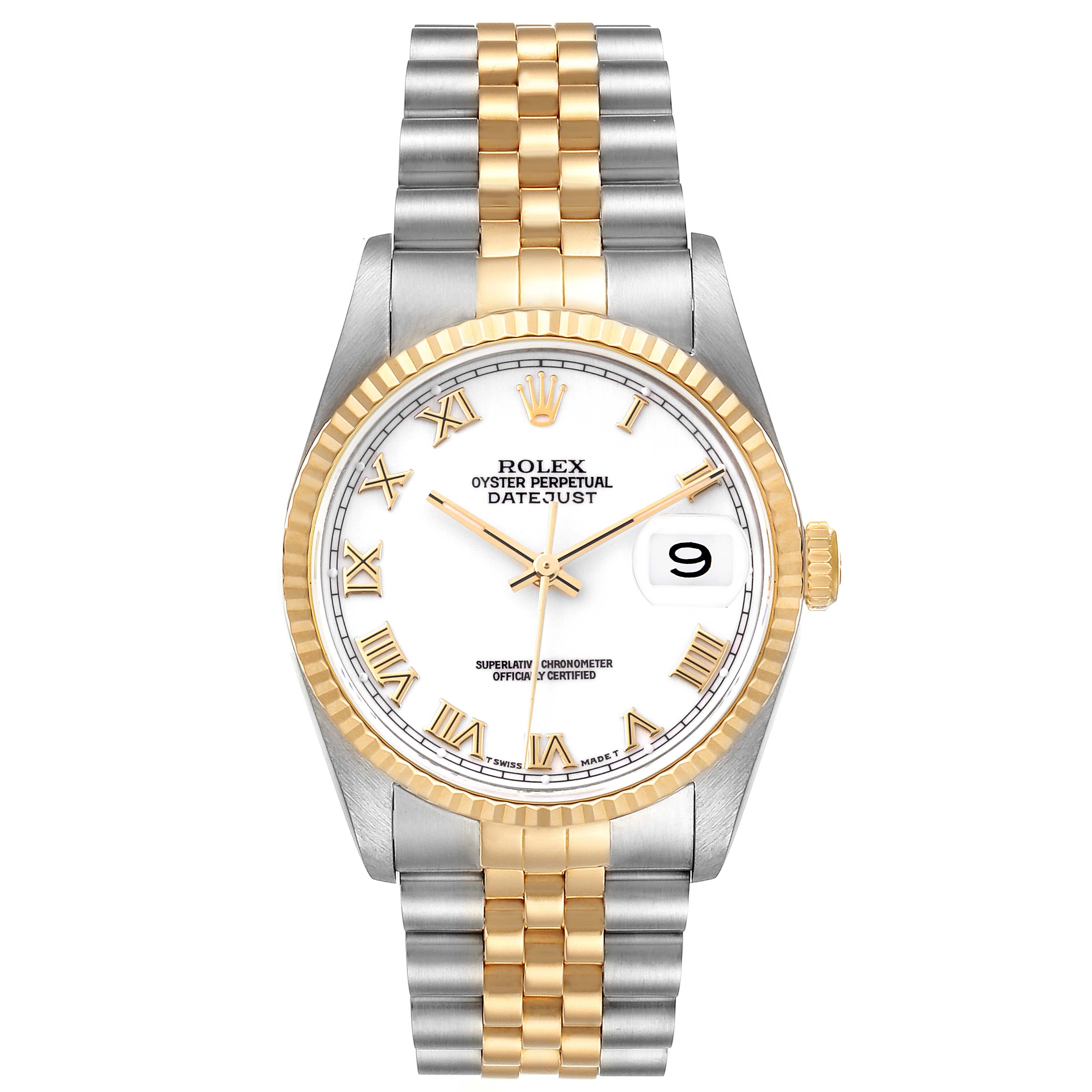 The image shows a front view of the Rolex Datejust 16233 Men's Steel and Gold (two tone) White Dial 16233 Men's Steel and Gold (two tone) White Dial, highlighting its dial, bezel, crown, and two-tone bracelet.