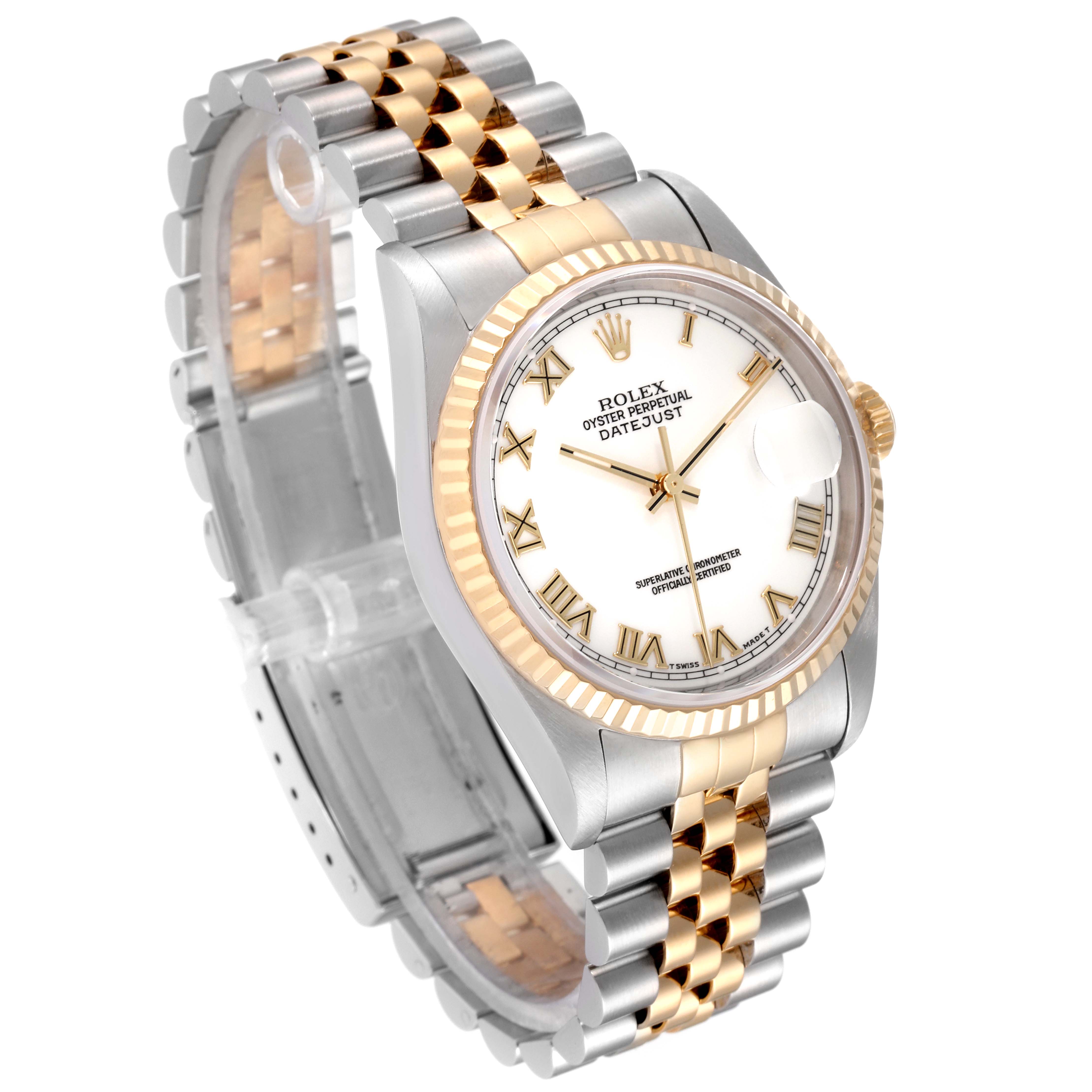 The image shows a Rolex Datejust 16233 Men's Steel and Gold (two tone) White Dial 16233 Men's Steel and Gold (two tone) White Dial watch from an angled side view, highlighting its two-tone bracelet, white dial, and fluted bezel.