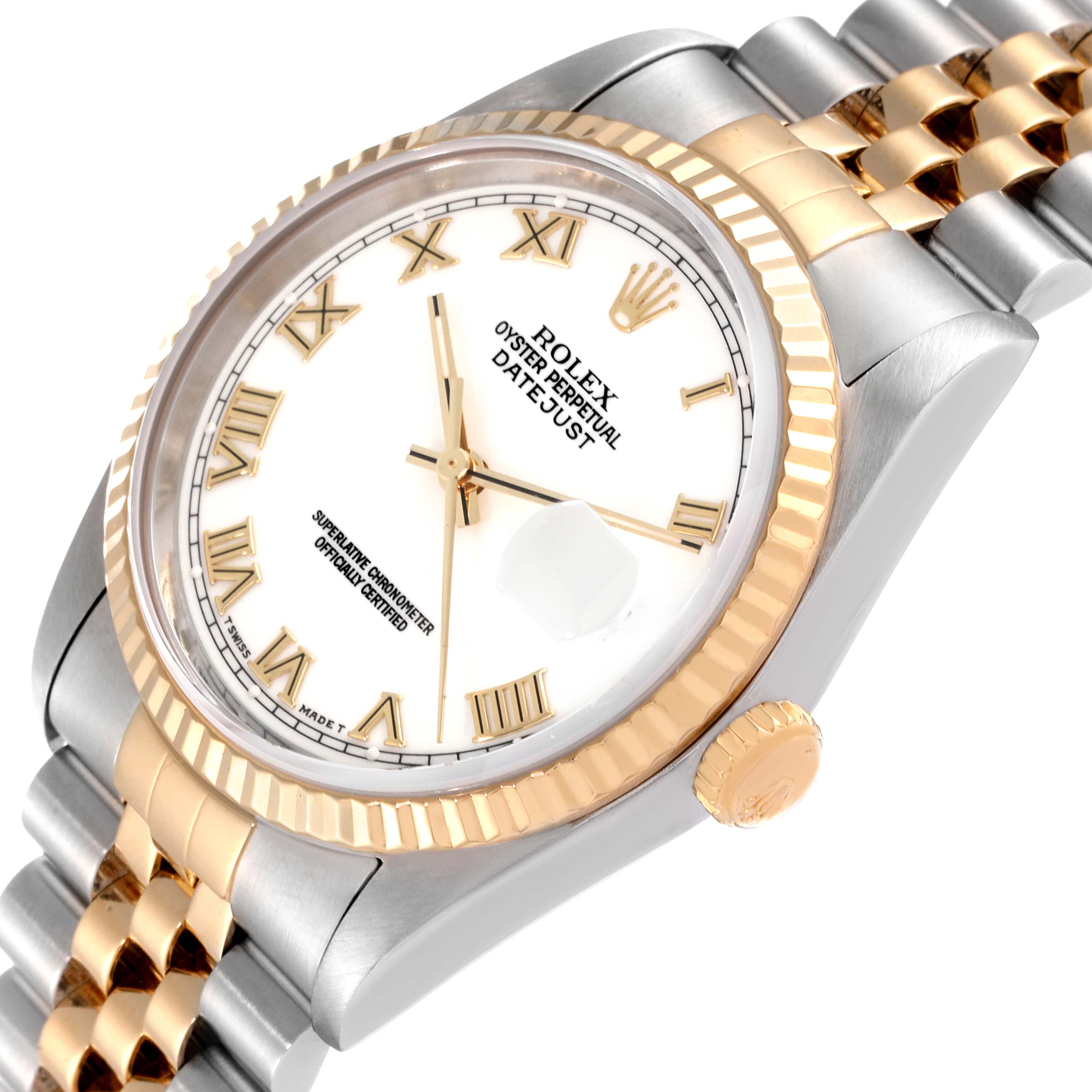 This Rolex Datejust 16233 Men's Steel and Gold (two tone) White Dial 16233 Men's Steel and Gold (two tone) White Dial watch is shown at a slight angle, displaying the dial, bezel, crown, and part of the bracelet.