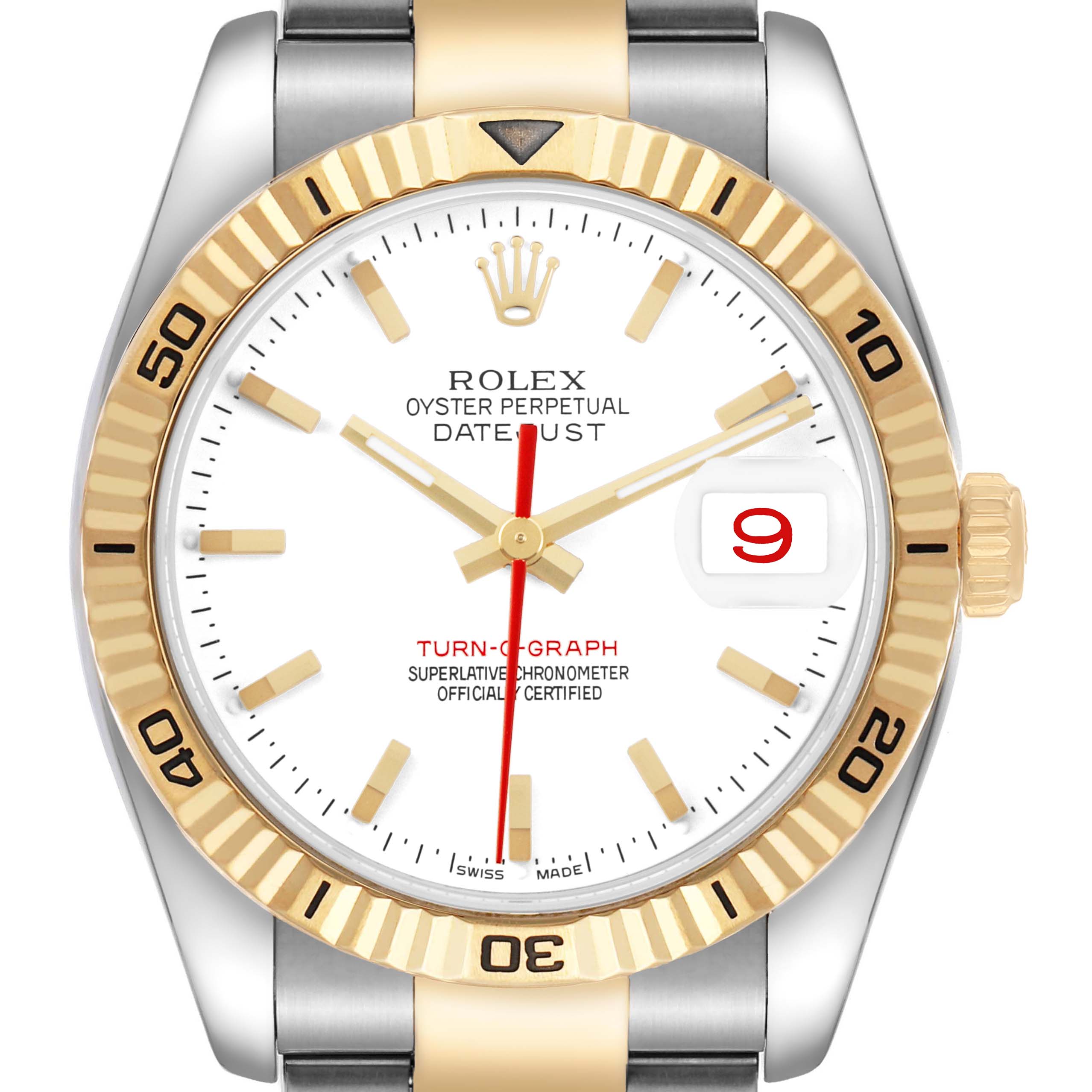 The Rolex Datejust 116263 Men's Stainless Steel White Dial is shown from the front, highlighting the bezel, dial, crown, and bracelet upper sections.