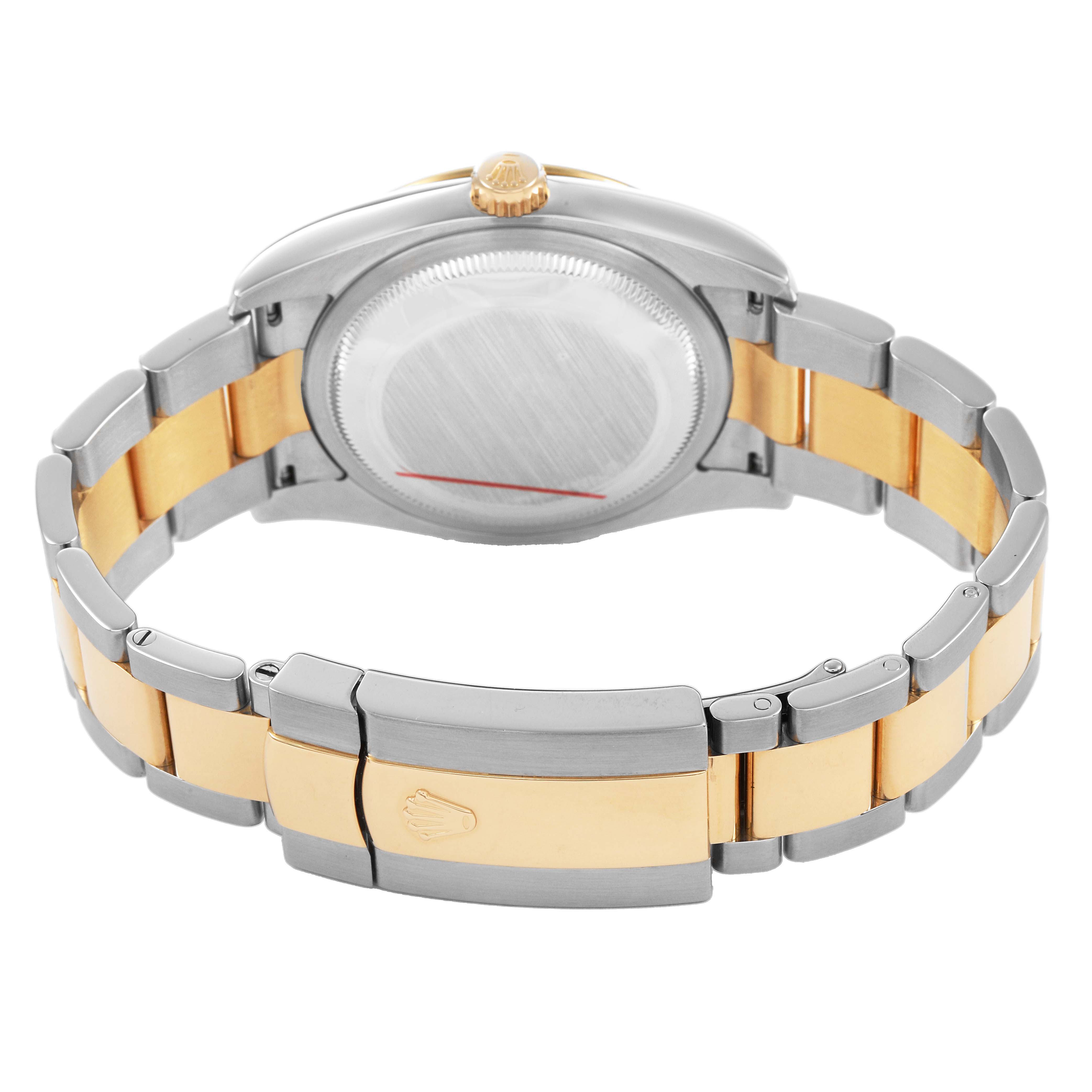 The image shows the back of the Rolex Datejust 116263 Men's Stainless Steel White Dial, highlighting the case back, bracelet, clasp, and crown from a partial rear angle.