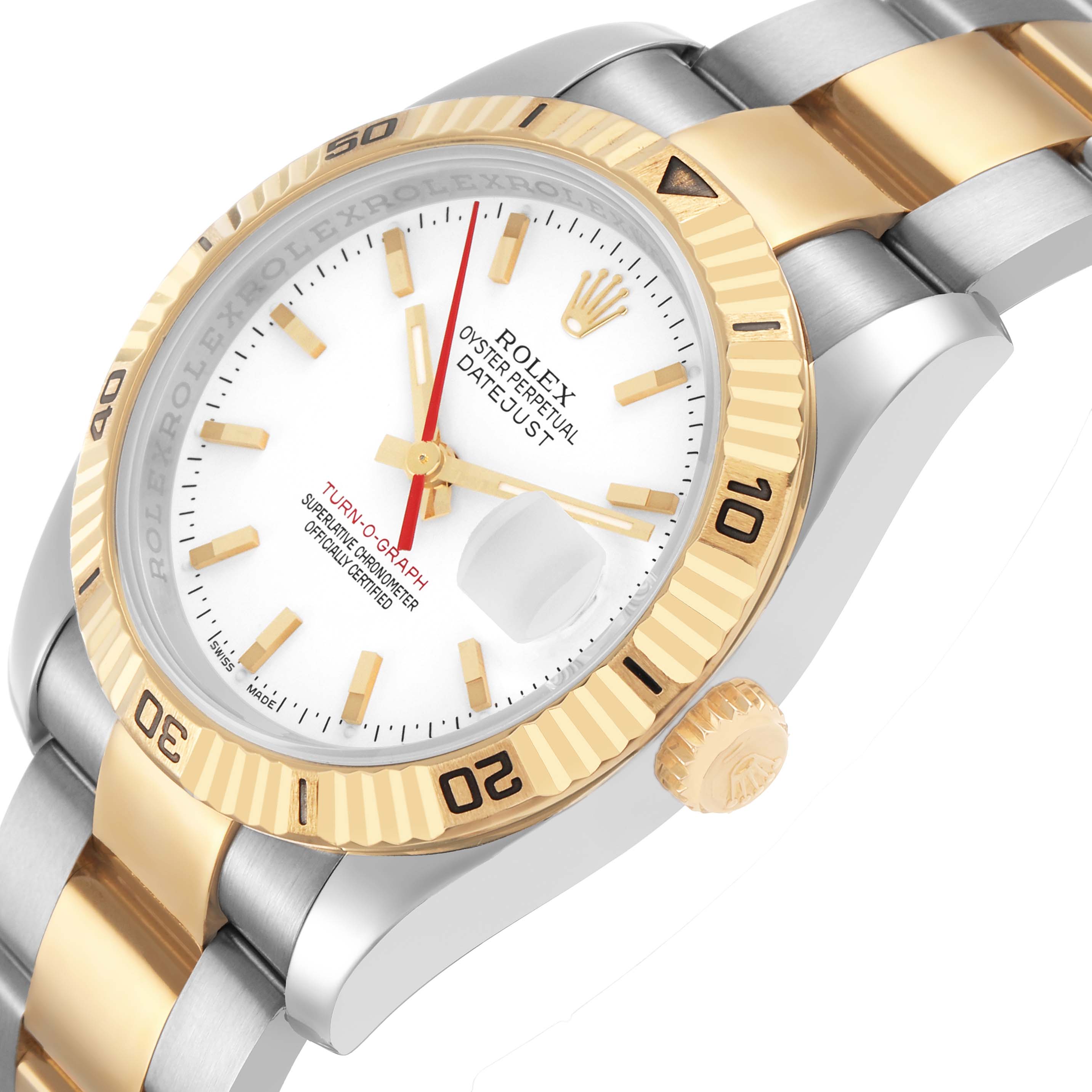 The Rolex Datejust 116263 Men's Stainless Steel White Dial watch is shown at a slight side angle, highlighting the gold bezel, crown, and two-tone bracelet.