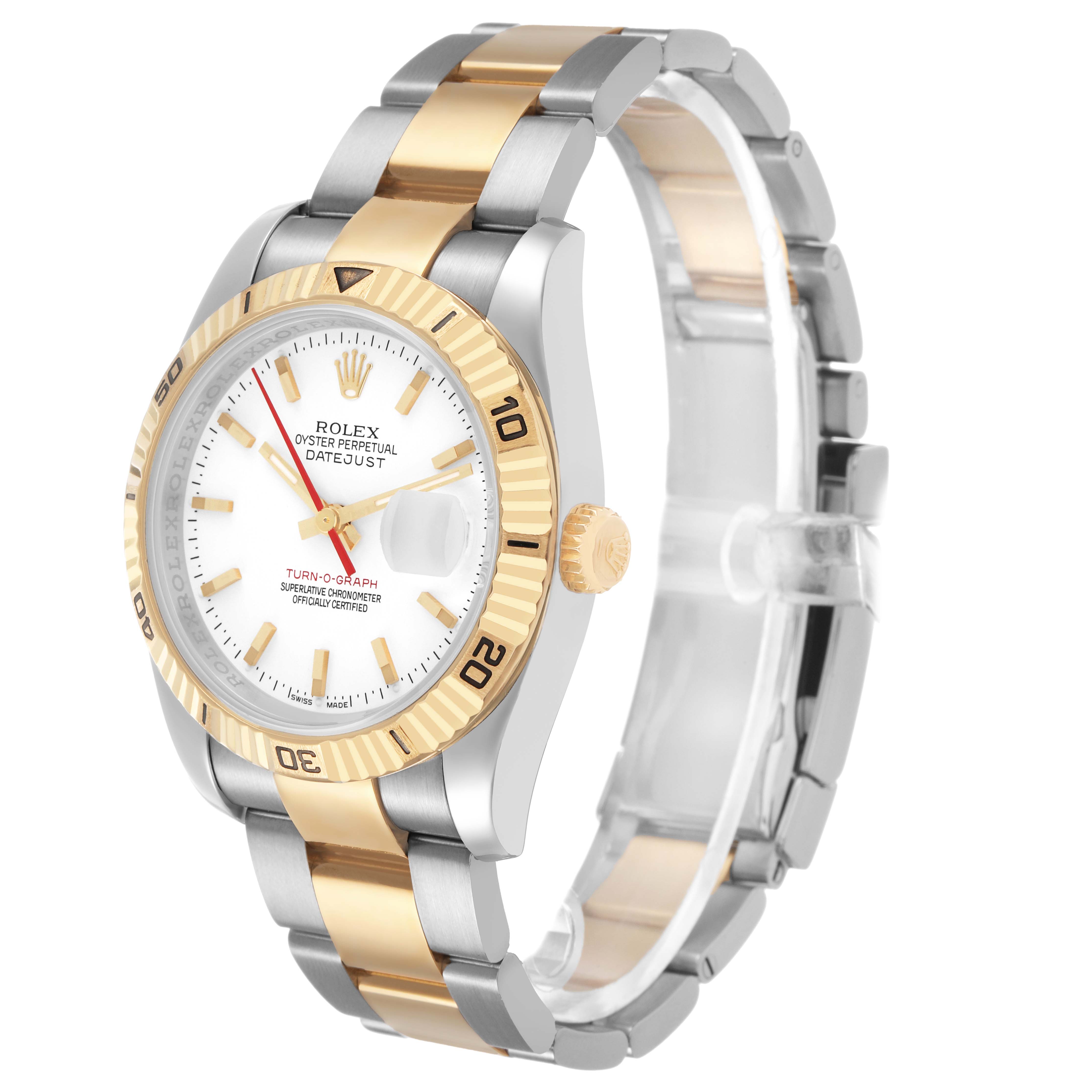 The Rolex Datejust 116263 Men's Stainless Steel White Dial watch is shown at an oblique angle, highlighting the face, bezel, crown, and bracelet.