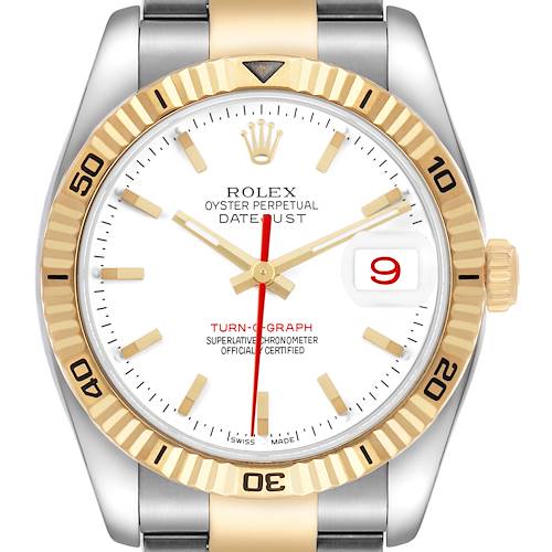 The image shows a Rolex Datejust 116263 Men's Stainless Steel White Dial watch from the front, highlighting its bezel, dial, hands, and crown.