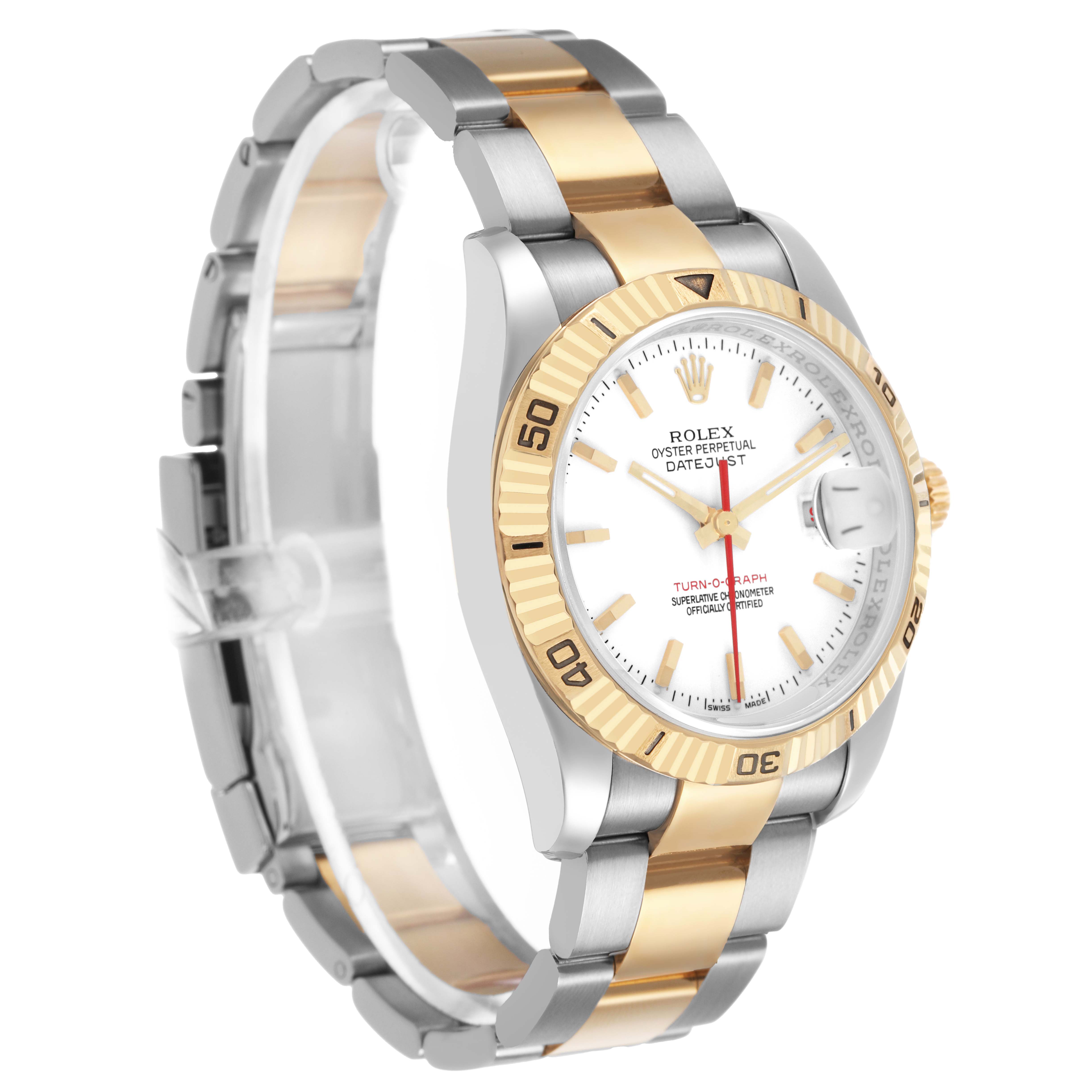 The Rolex Datejust 116263 Men's Stainless Steel White Dial watch is shown at a three-quarter angle, highlighting the bracelet and bezel.