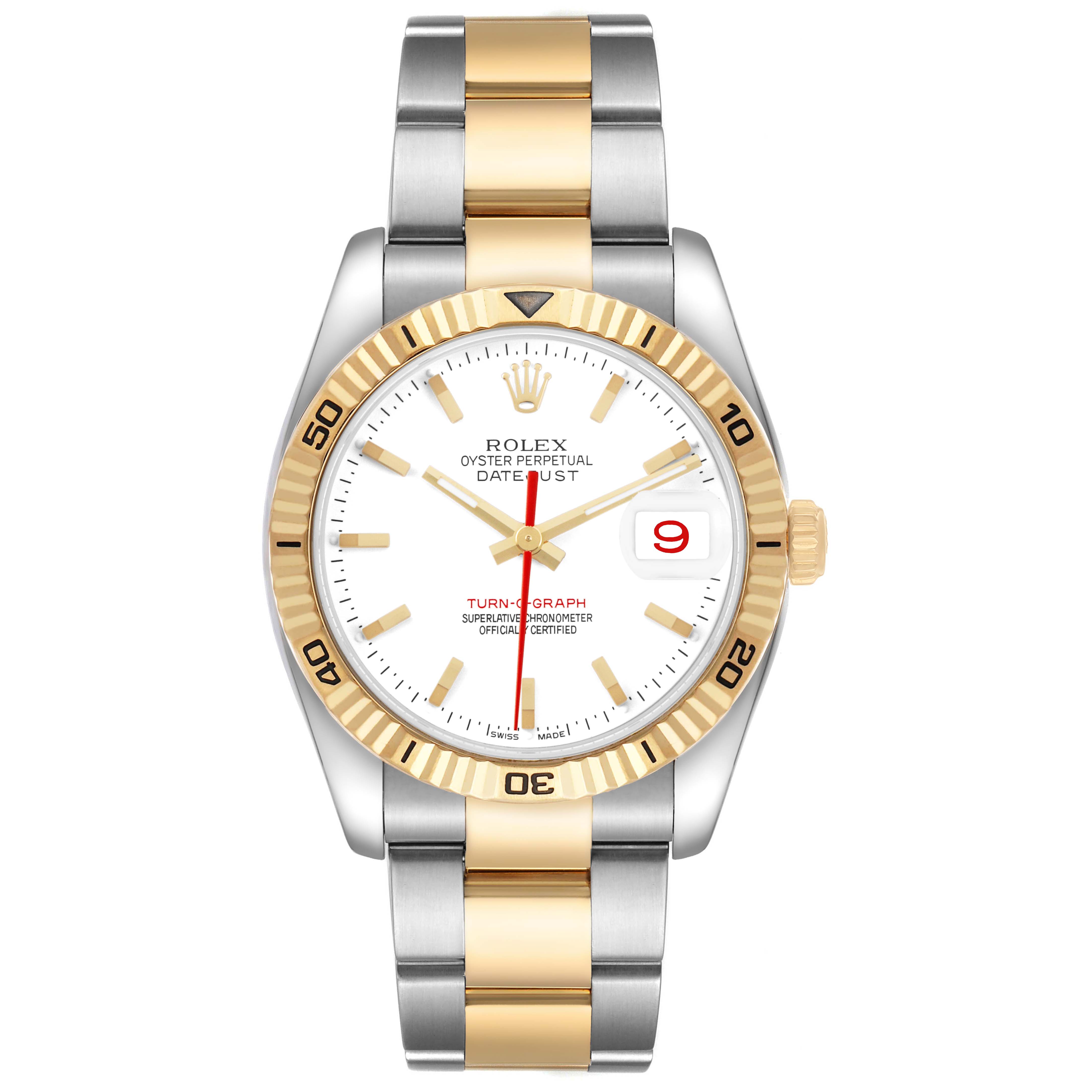 The Rolex Datejust 116263 Men's Stainless Steel White Dial watch is shown from a front angle, featuring its dial, bezel, and two-tone bracelet.