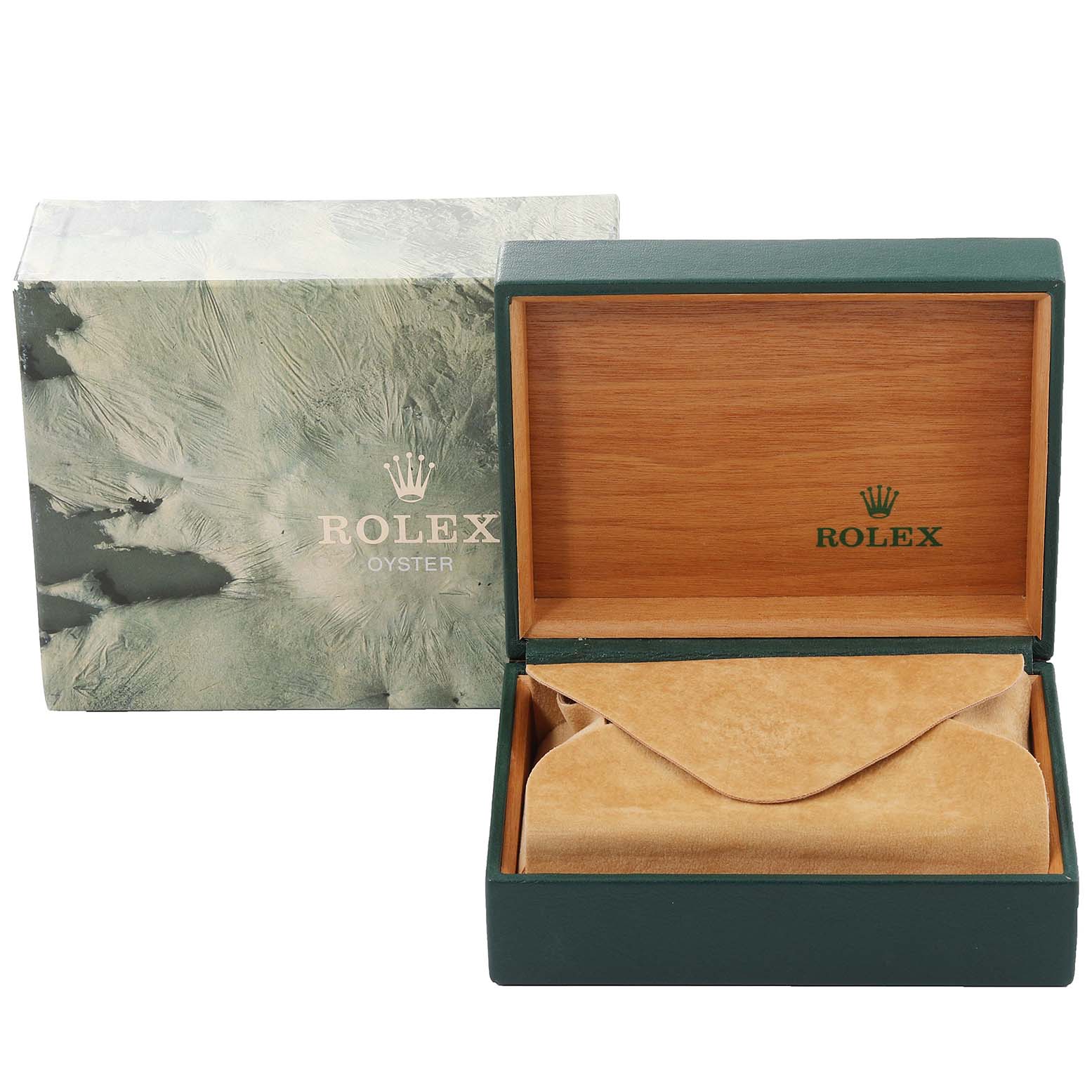 The image shows an open Rolex Vintage Collection 16014 Men
s Stainless Steel Silver Dial 16014 Men
s Stainless Steel Silver Dial watch box with the outer packaging and an included suede pouch.