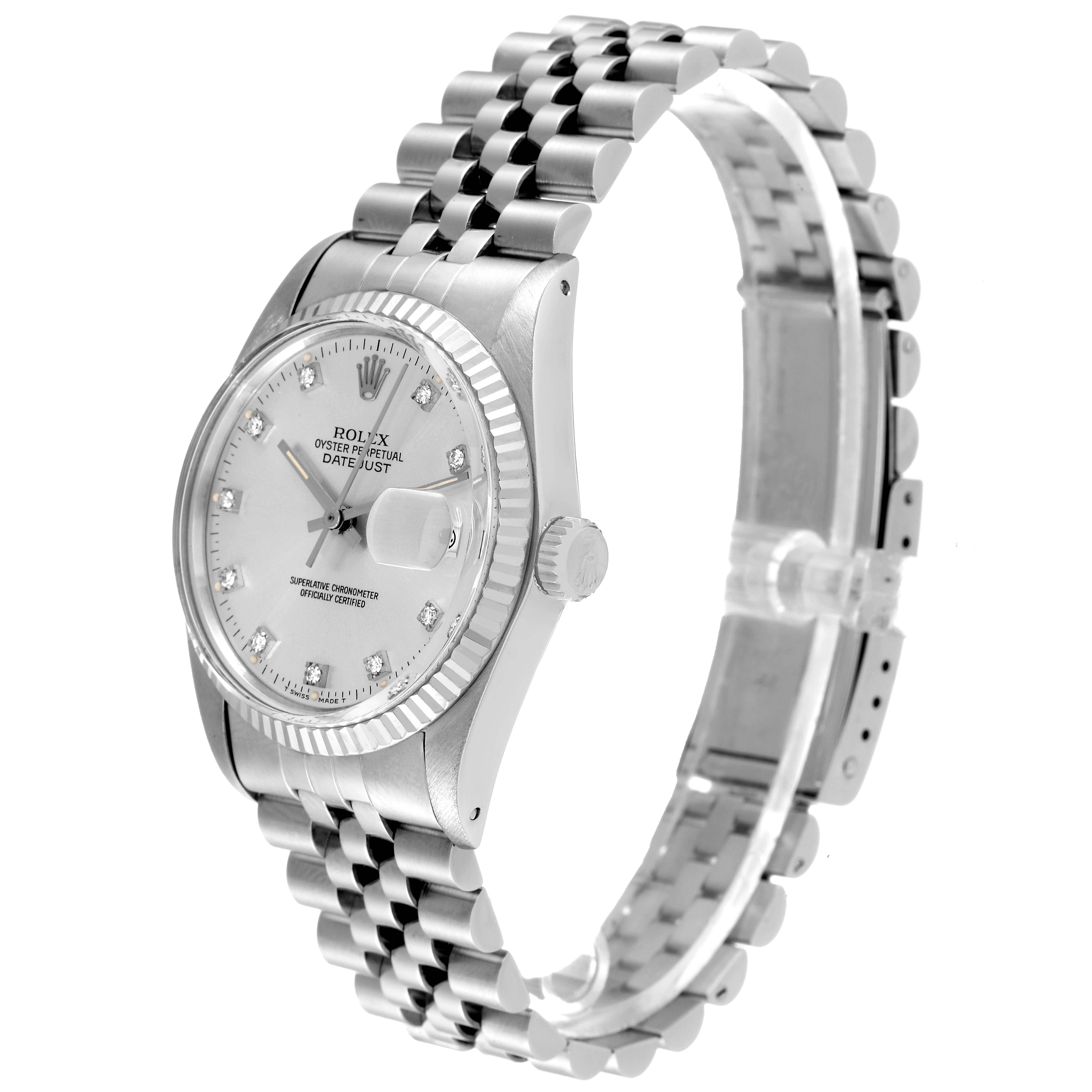 The image shows a side angle of the Rolex Vintage Collection 16014 Men
s Stainless Steel Silver Dial 16014 Men
s Stainless Steel Silver Dial model watch, highlighting the face, bezel, crown, and bracelet.