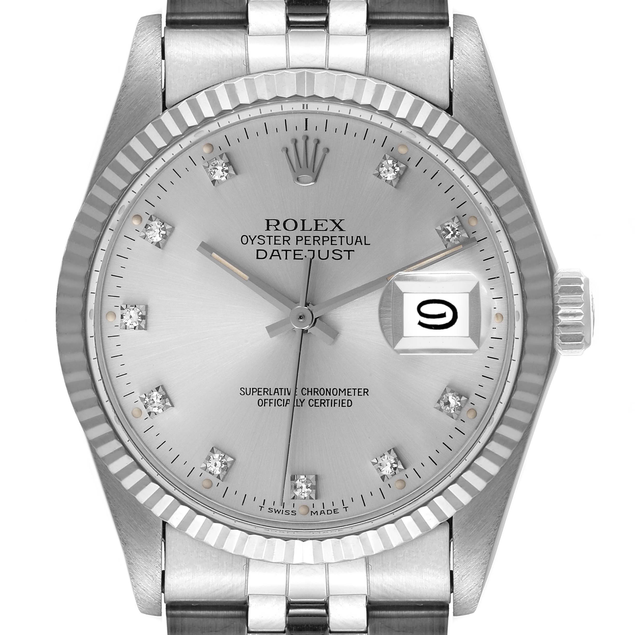 This image shows the Rolex Vintage Collection 16014 Men
s Stainless Steel Silver Dial 16014 Men
s Stainless Steel Silver Dial model from a front view, highlighting its dial, bezel, and the date window.