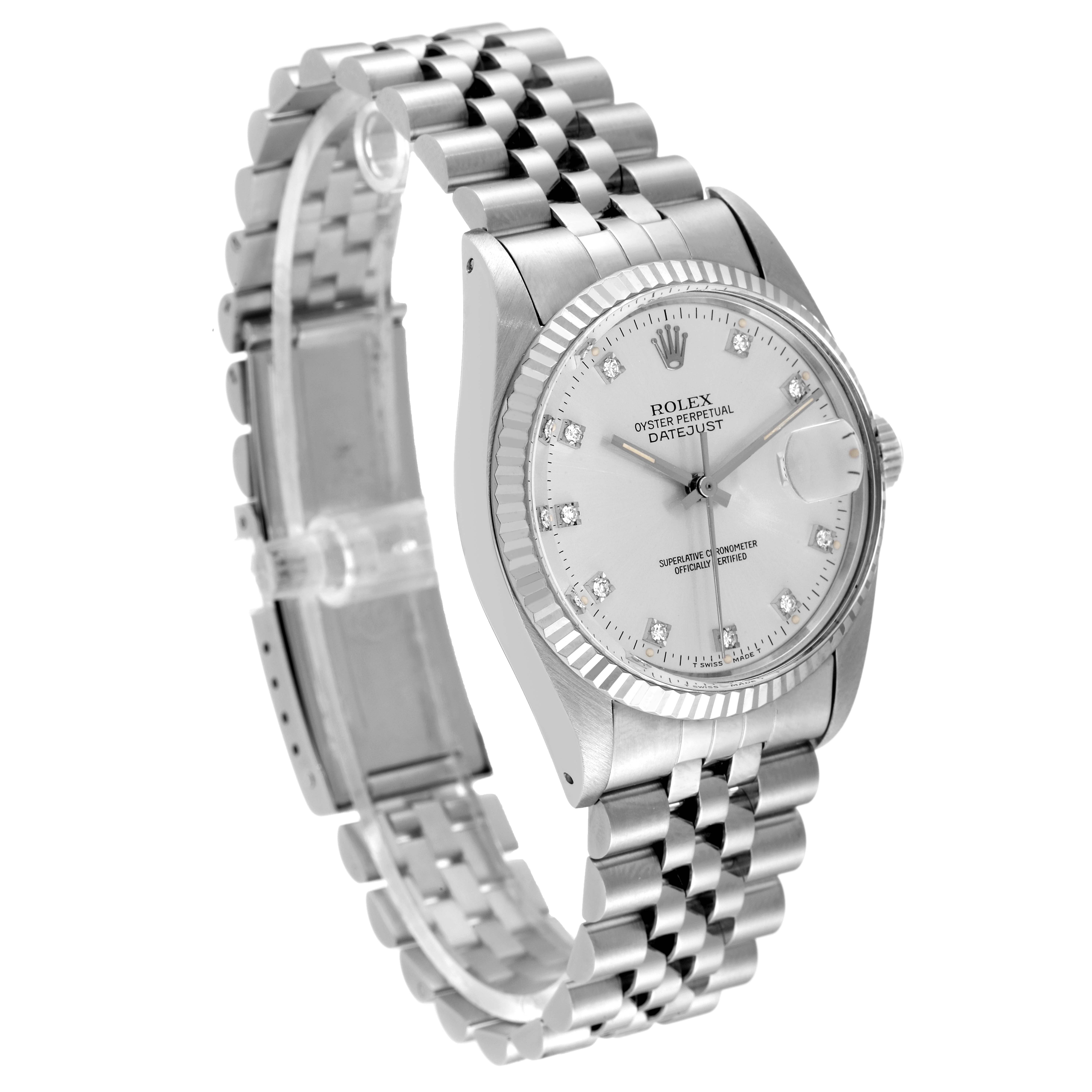 The image shows a Rolex Vintage Collection 16014 Men
s Stainless Steel Silver Dial 16014 Men
s Stainless Steel Silver Dial Datejust watch from a front-side angle, highlighting the face, bezel, and bracelet.
