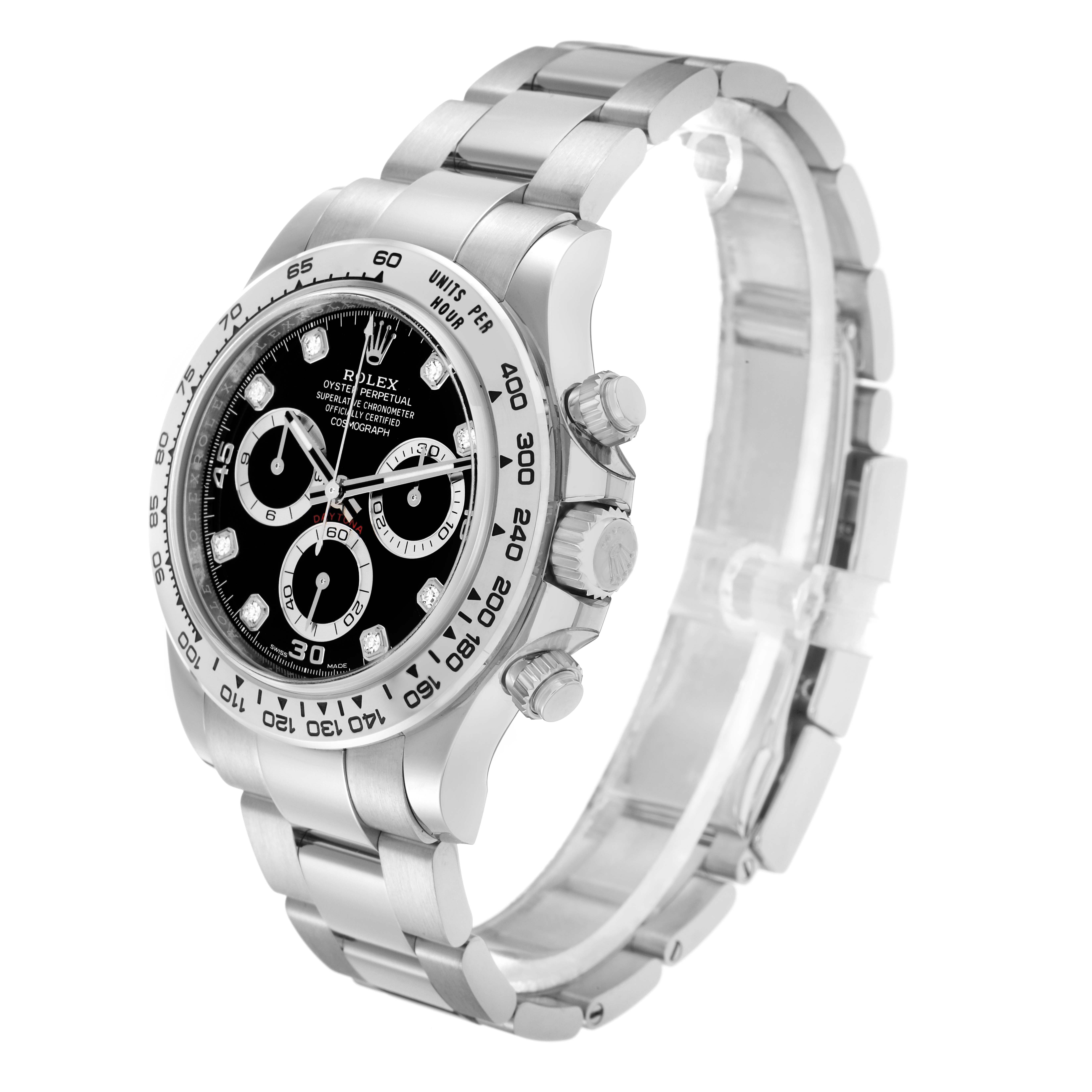 The Rolex Daytona 116509 Men
s White Gold Black Dial watch is shown at a three-quarter angle, highlighting the side buttons, bezel, and bracelet.