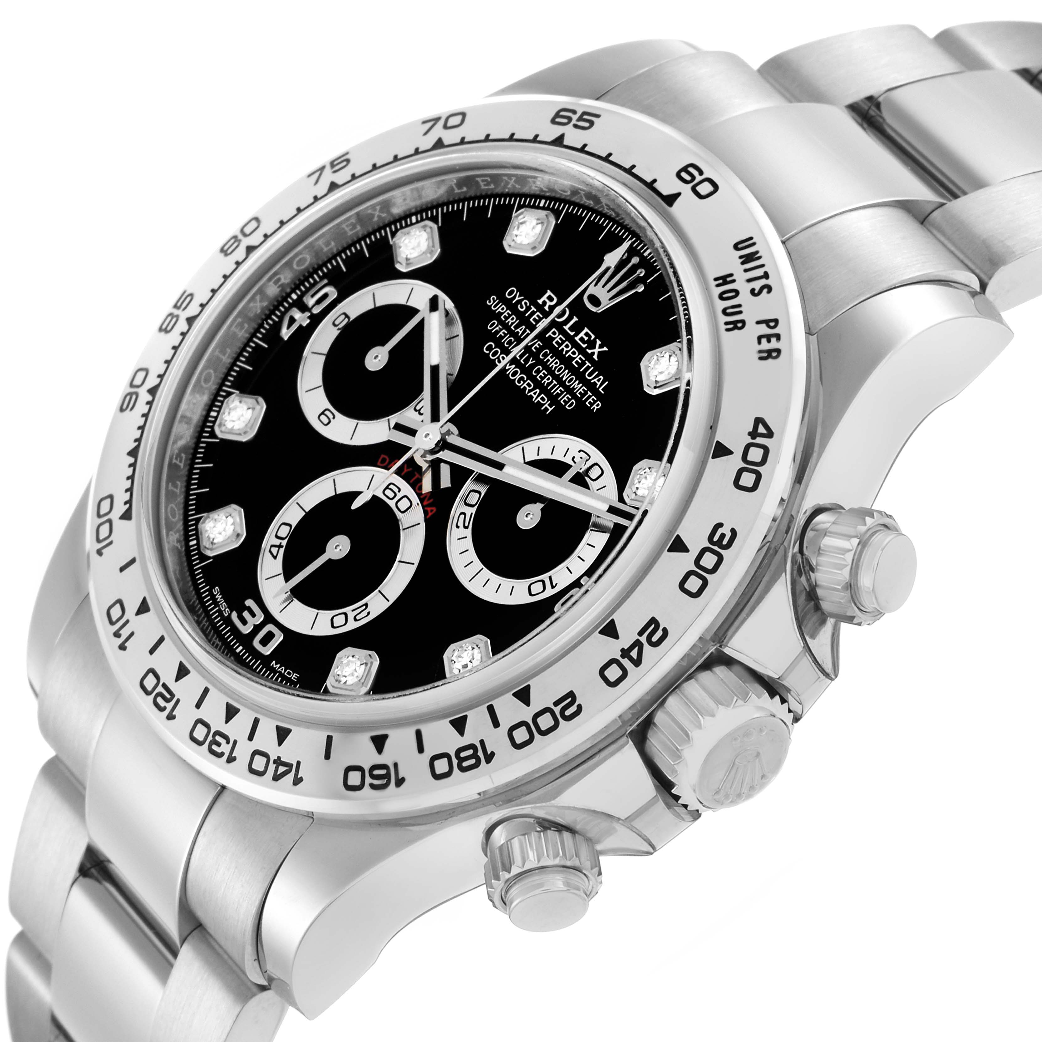 The Rolex Daytona 116509 Men
s White Gold Black Dial is shown at a tilted angle, highlighting the face, bezel, crown, and part of the bracelet.