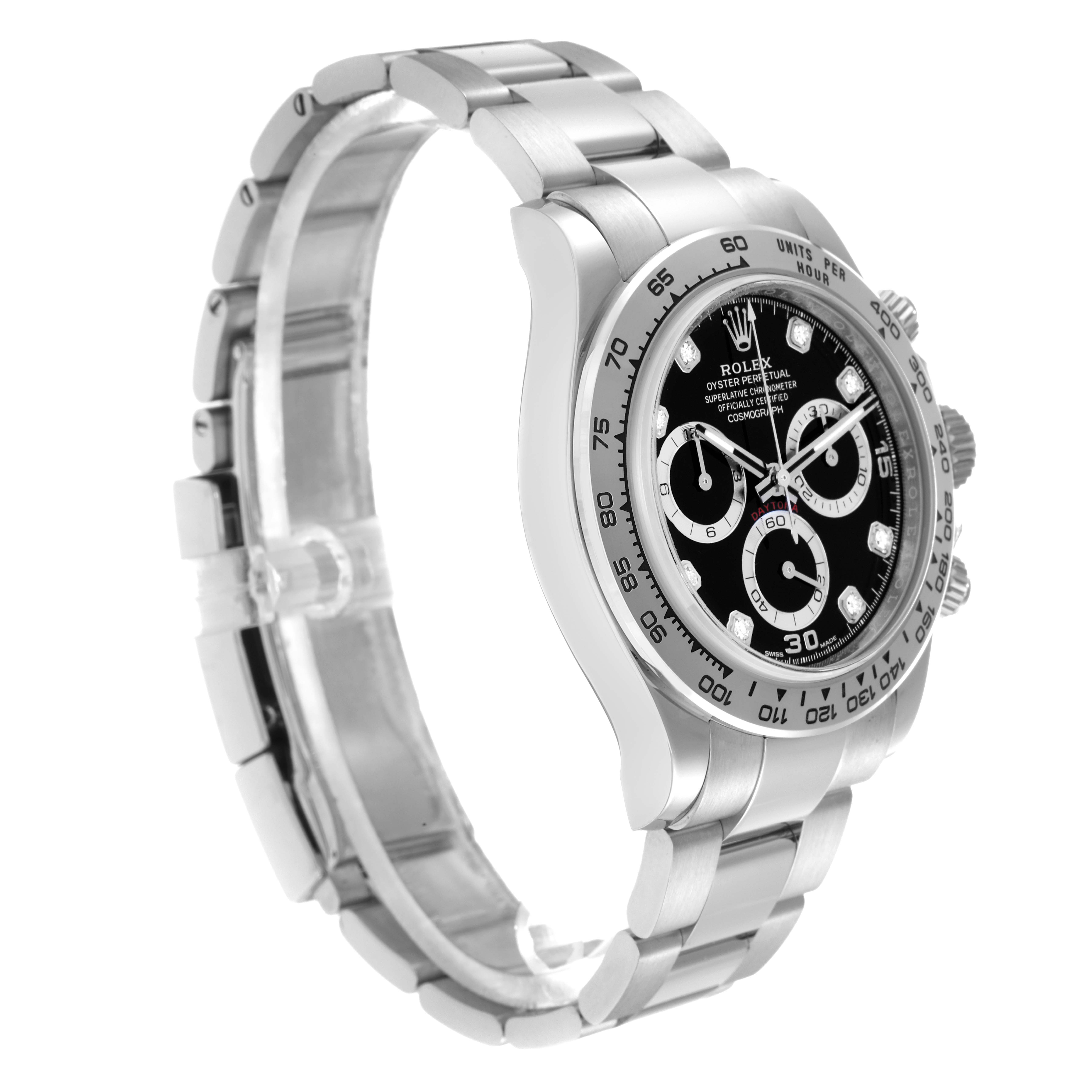 The Rolex Daytona 116509 Men
s White Gold Black Dial watch is shown from a side angle displaying the bracelet, case, bezel, and dial.