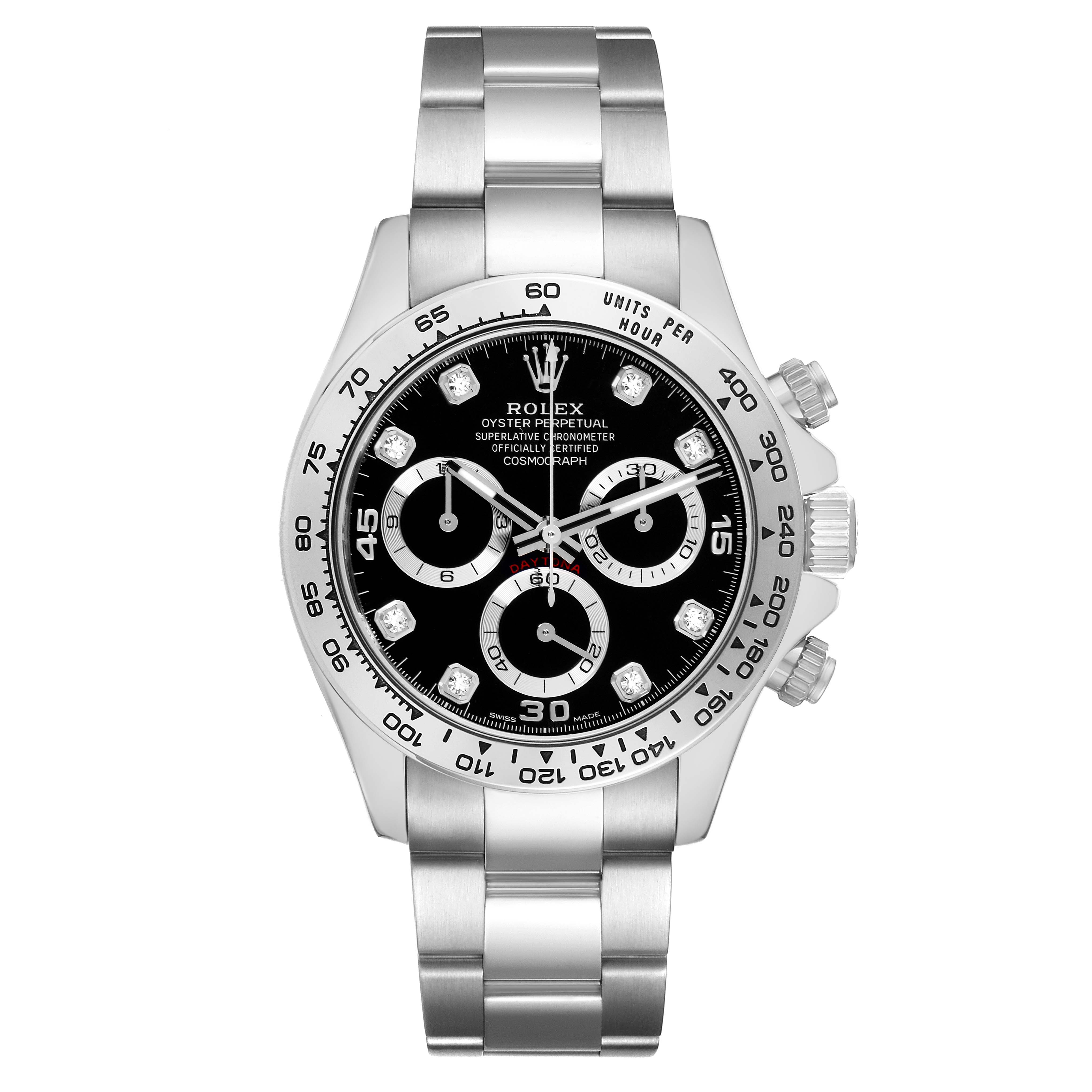 The Rolex Daytona 116509 Men
s White Gold Black Dial is shown from a front angle, displaying its bezel, case, dial, and bracelet with clear view of subdials and crown.