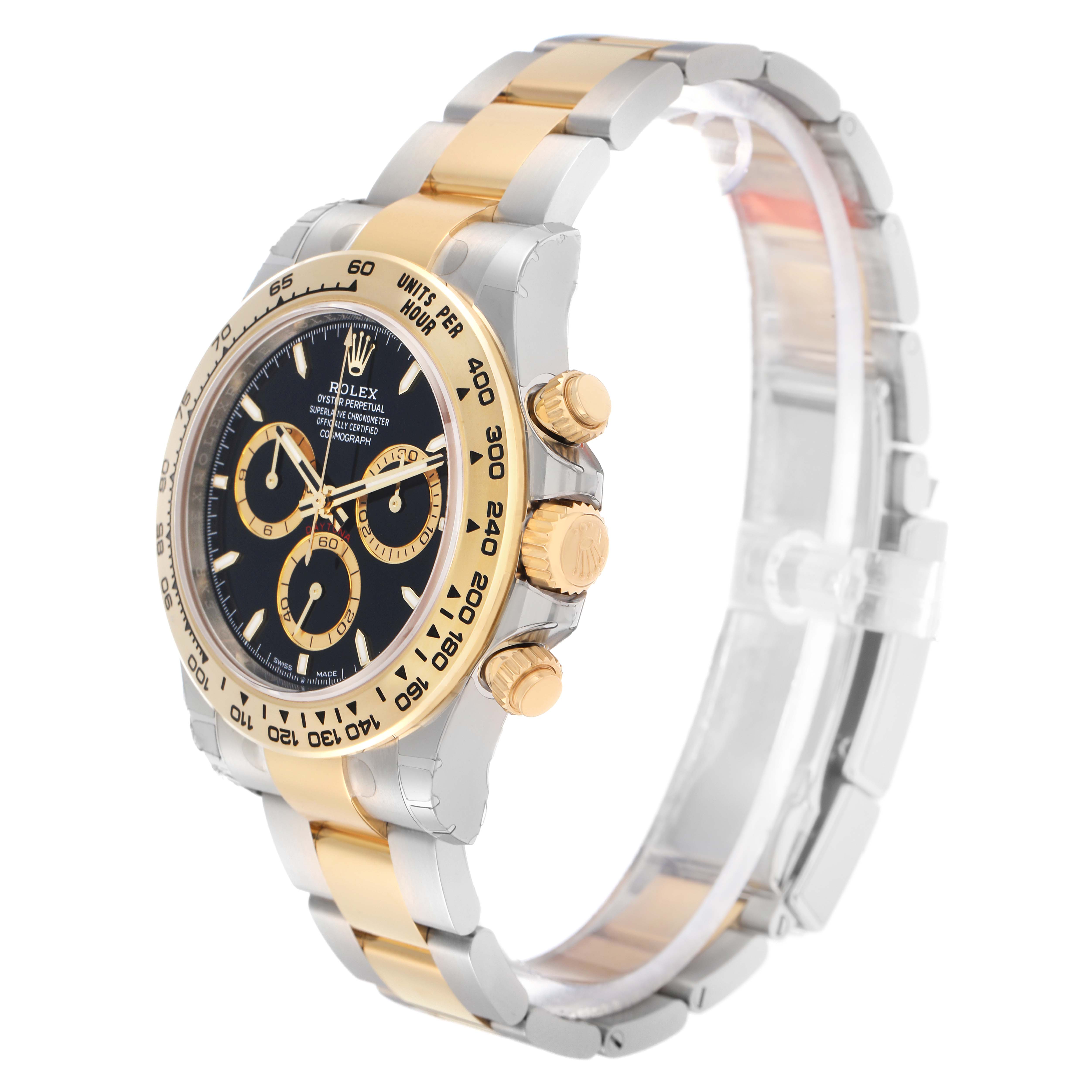 The Rolex Daytona 126503 Men
s Steel and Gold (two tone) Black Dial watch is shown at a side angle, highlighting the face, bezel, crown, and bracelet.