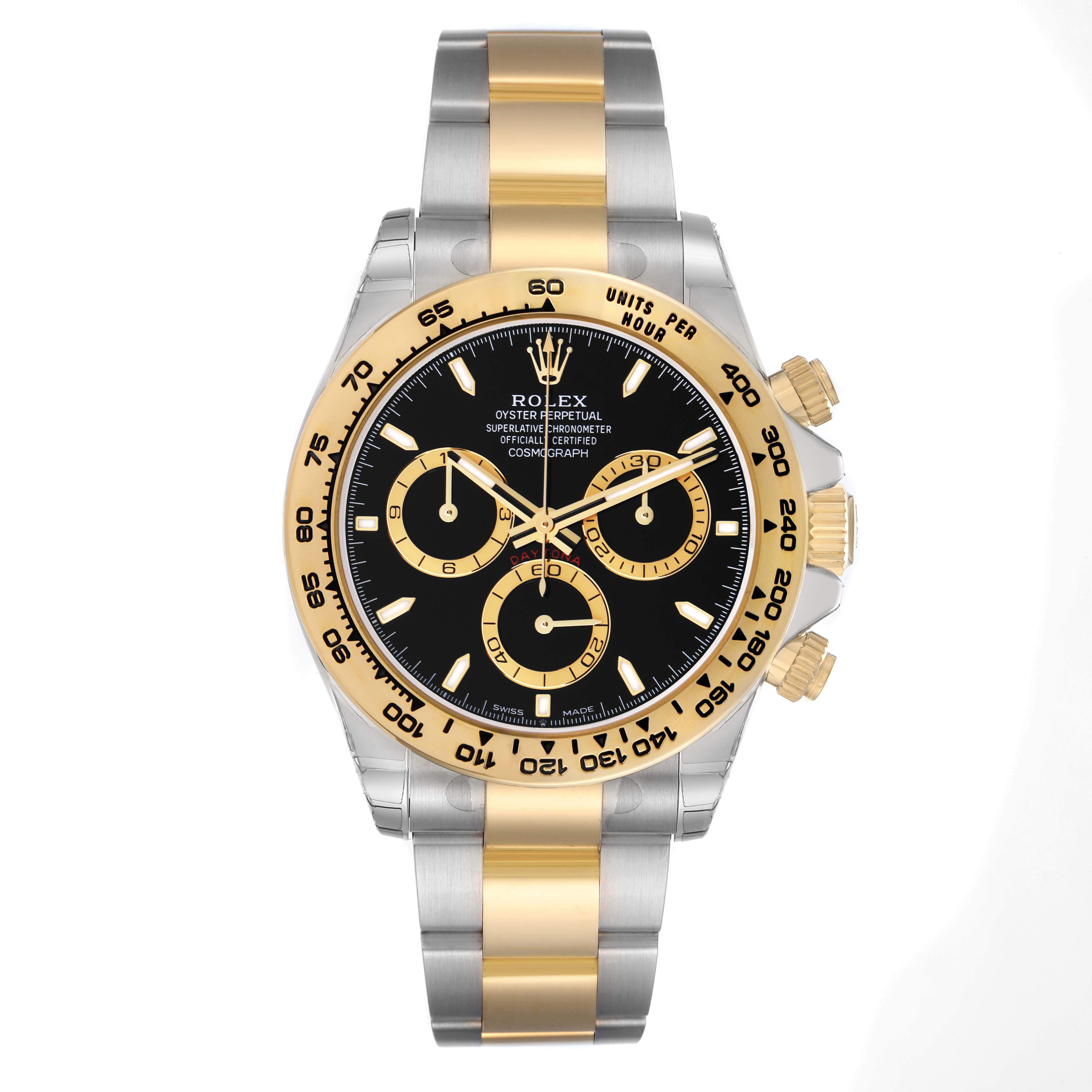 The Rolex Daytona 126503 Men
s Steel and Gold (two tone) Black Dial watch is shown from a front angle, highlighting the face, bezel, and two-tone bracelet.