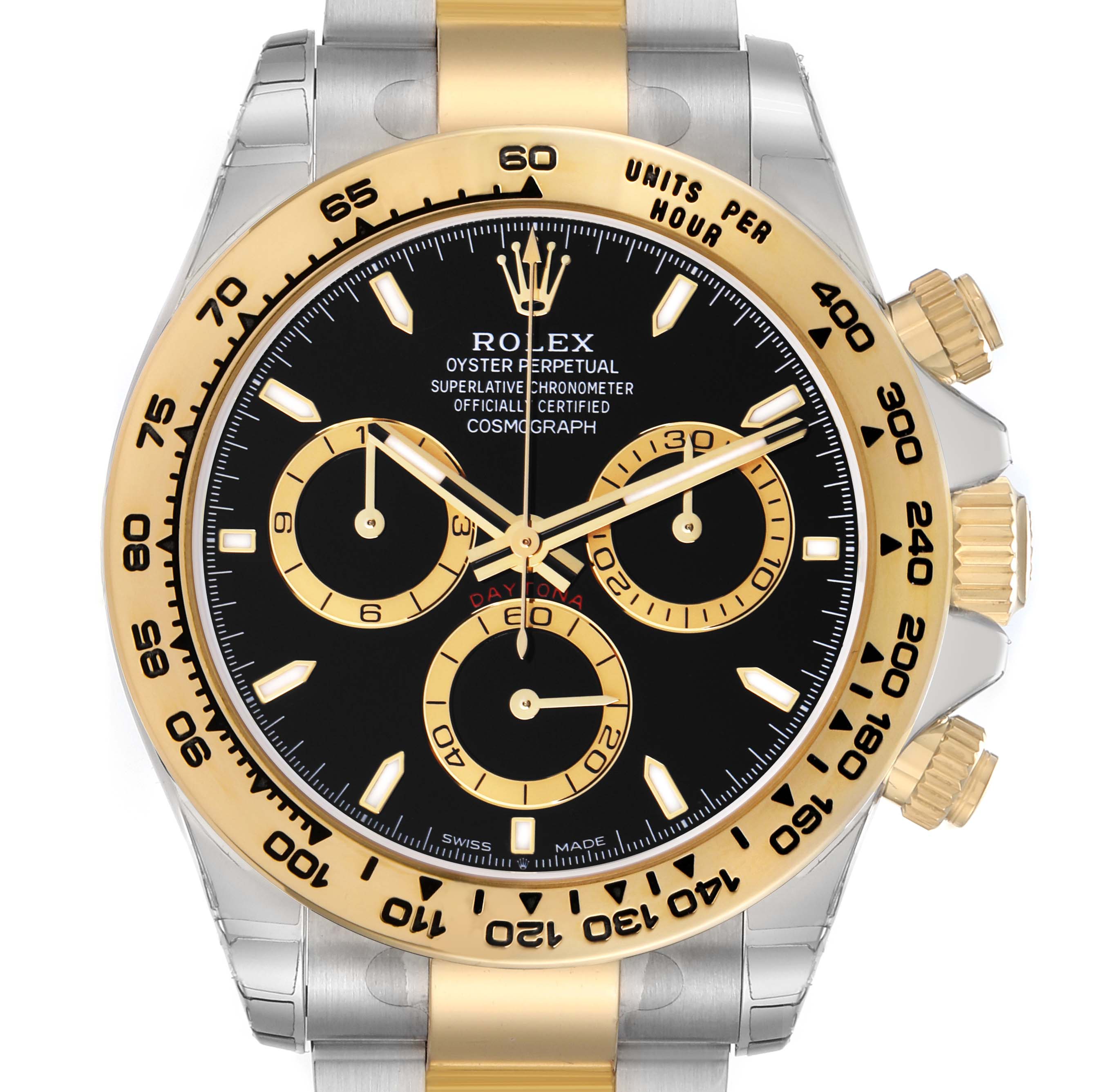 The Rolex Daytona 126503 Men
s Steel and Gold (two tone) Black Dial watch is shown from the front, highlighting the dial, bezel, and part of the strap.