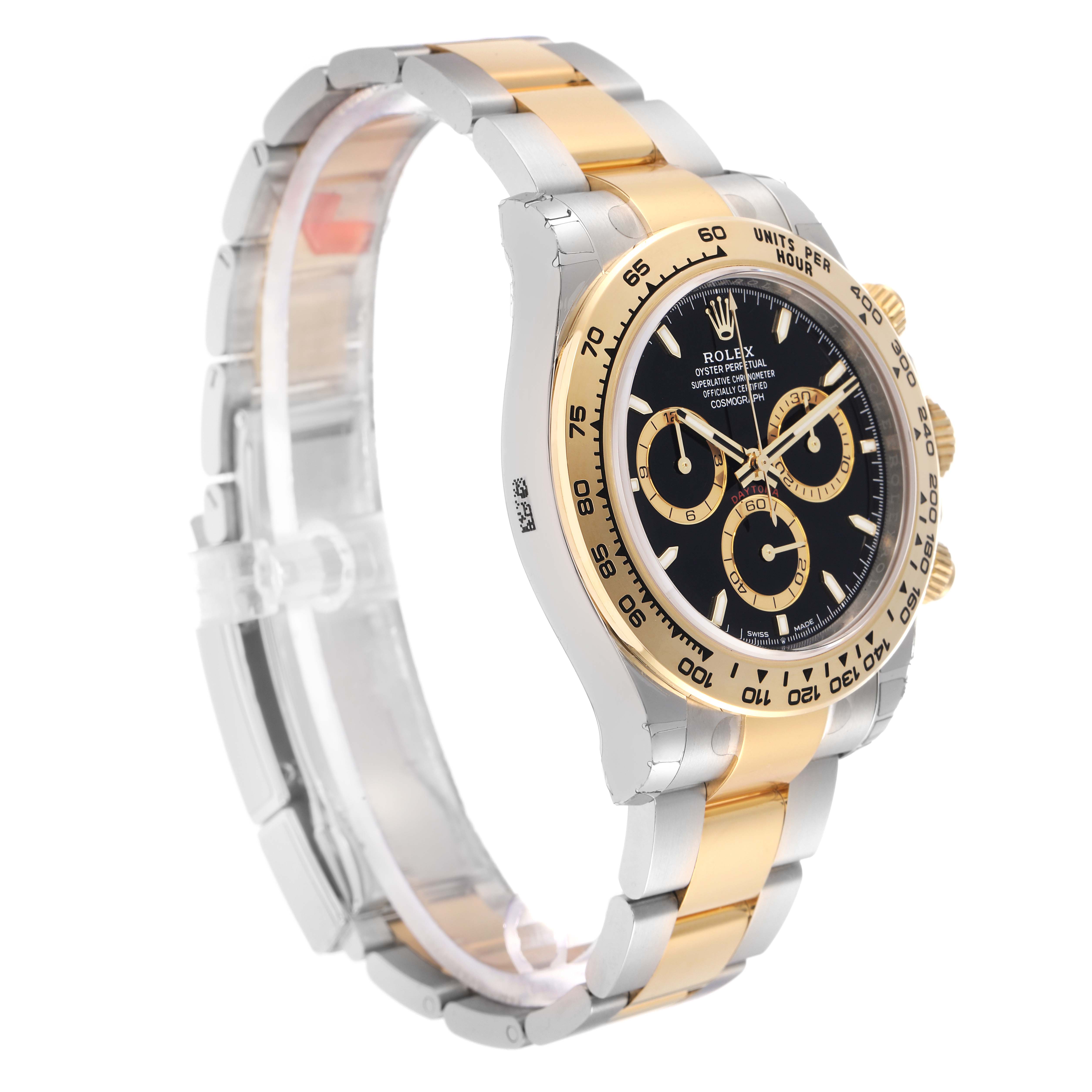 The Rolex Daytona 126503 Men
s Steel and Gold (two tone) Black Dial watch is shown at a three-quarter angle, highlighting the bezel, dial, and two-tone bracelet.