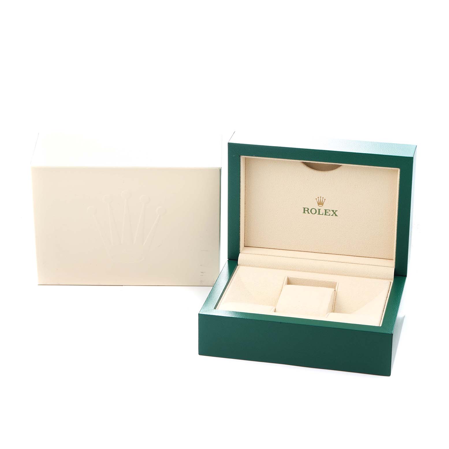 The image shows an open Rolex Daytona 126503 Men
s Steel and Gold (two tone) Black Dial watch box at an angle, highlighting the interior compartments and logo.