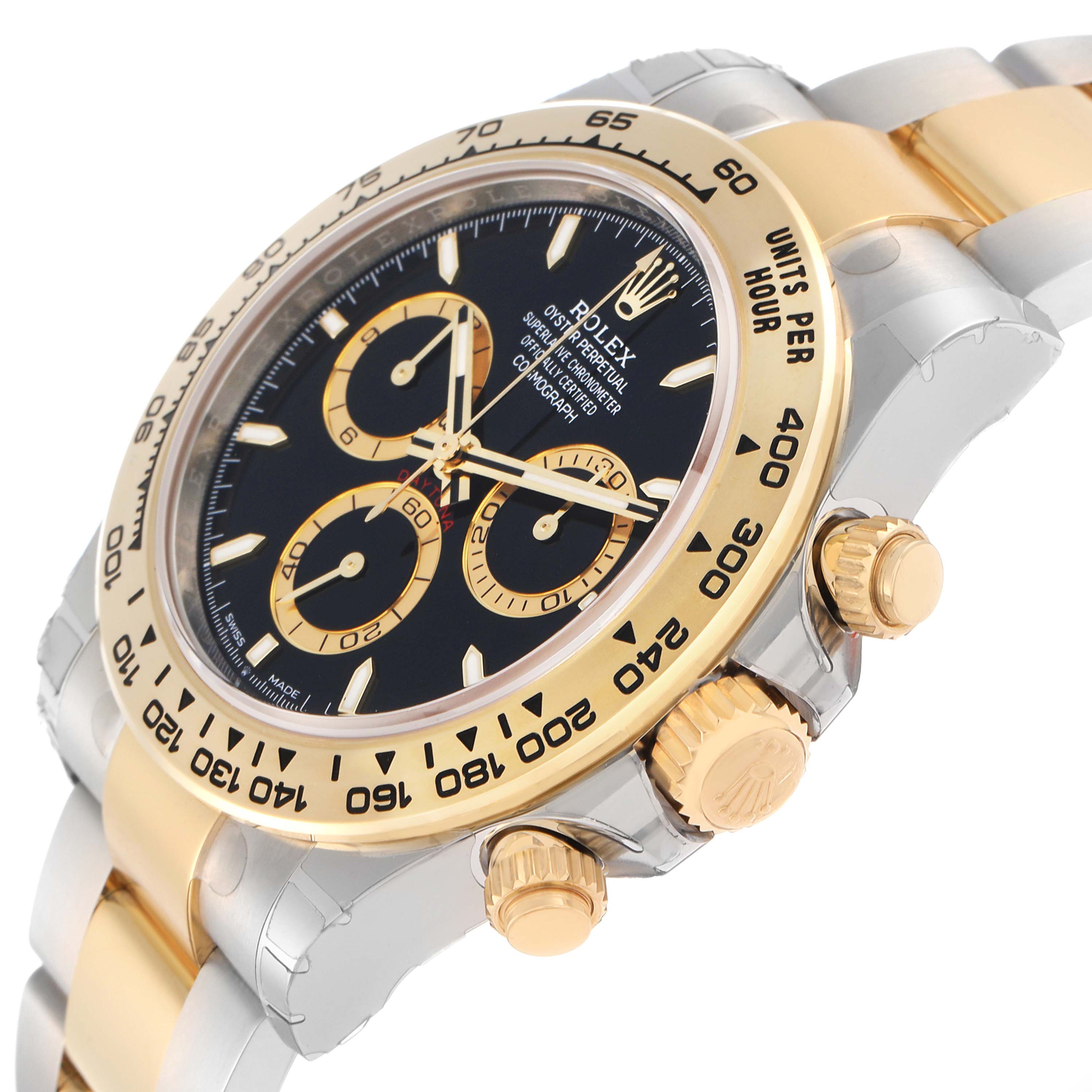 The Rolex Daytona 126503 Men
s Steel and Gold (two tone) Black Dial watch is shown at an angle emphasizing its bezel, dial, and two-tone bracelet.
